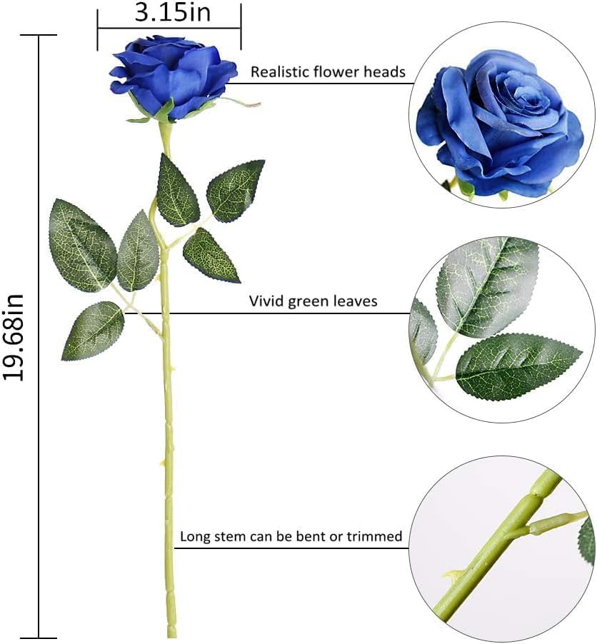 Blue Fake Roses Artificial Flowers - 16 Pcs Fake Artificial Roses Silk Flowers with Stems for Home Wedding Hotel Office Centerpiece Decor