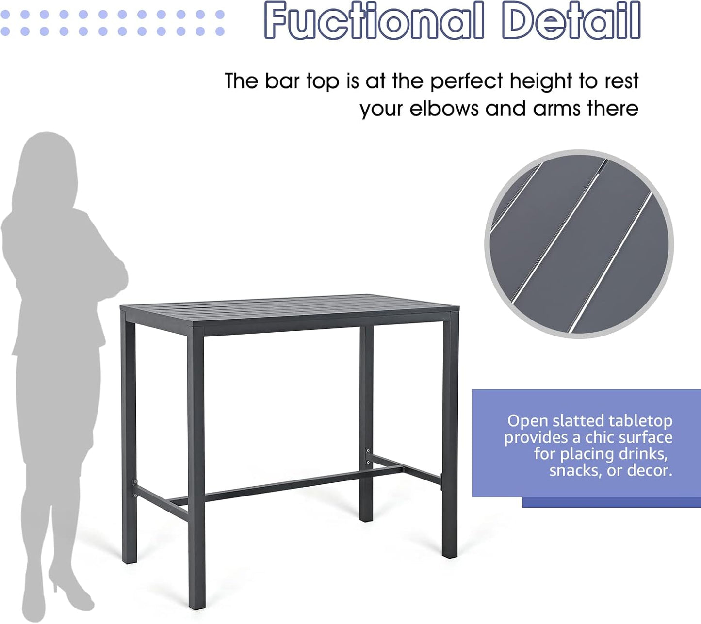 Soleil Jardin Bar Table High Top Table with All-Aluminum Frame Rectangular Pub Table for Indoor & Outdoor Use, Easy Assembly & Low Maintenance, Dark Grey