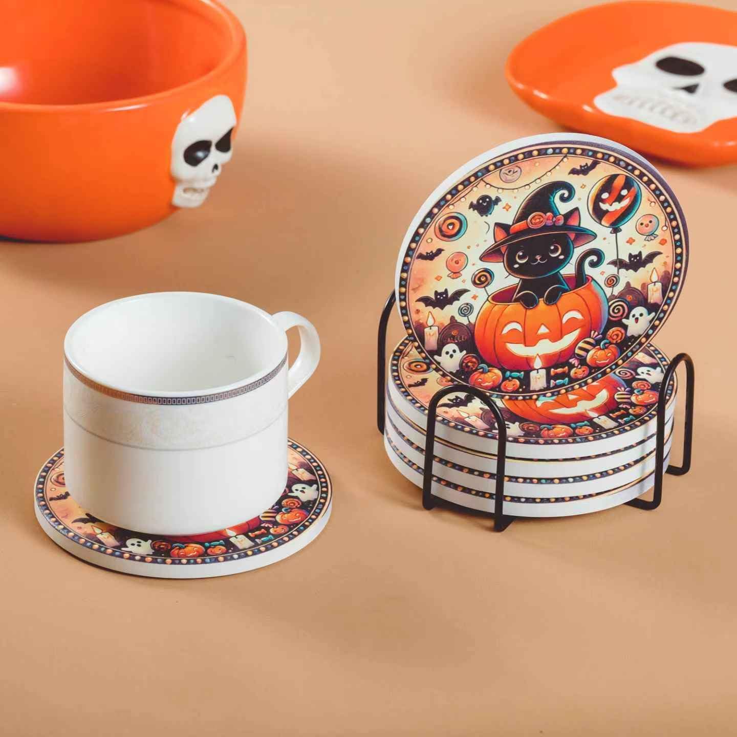 Halloween Ceramic Coasters Set of 6 with Holder – Black Cat in Pumpkin Design – Non-Slip Absorbent Drink Coasters for Halloween Party Decor and Gifts