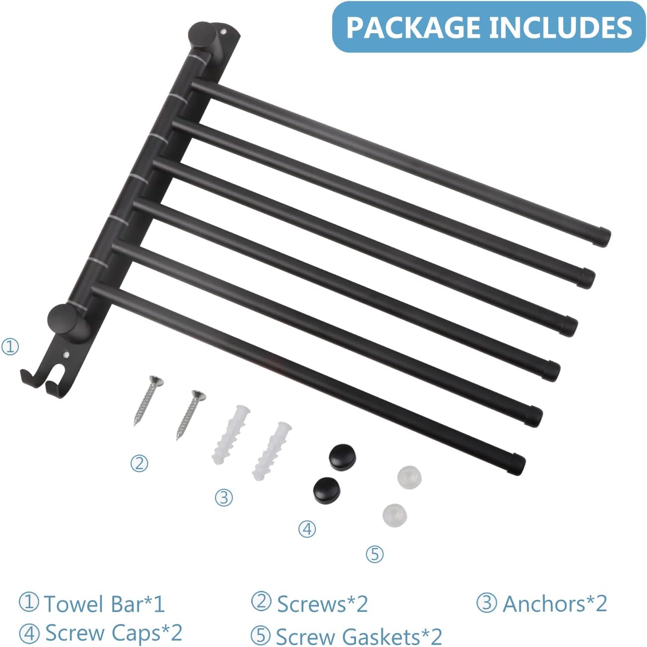 Space Saving Towel Rack JSVER Black Space Saving Towel Holder, Towel Rack Wall Mounted, Swivel Hand Towel Holder, 6-Arms Towel Bar, Towel Racks for Bathroom