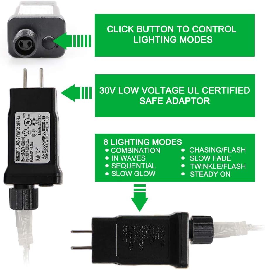 33FT 100 LEDs String Lights Waterproof Fairy Lights 8 Modes with Memory 30V UL Certified Power Supply for Home, Garden, Wedding, Party, Christmas Decoration Indoor Outdoor (Multicolor)