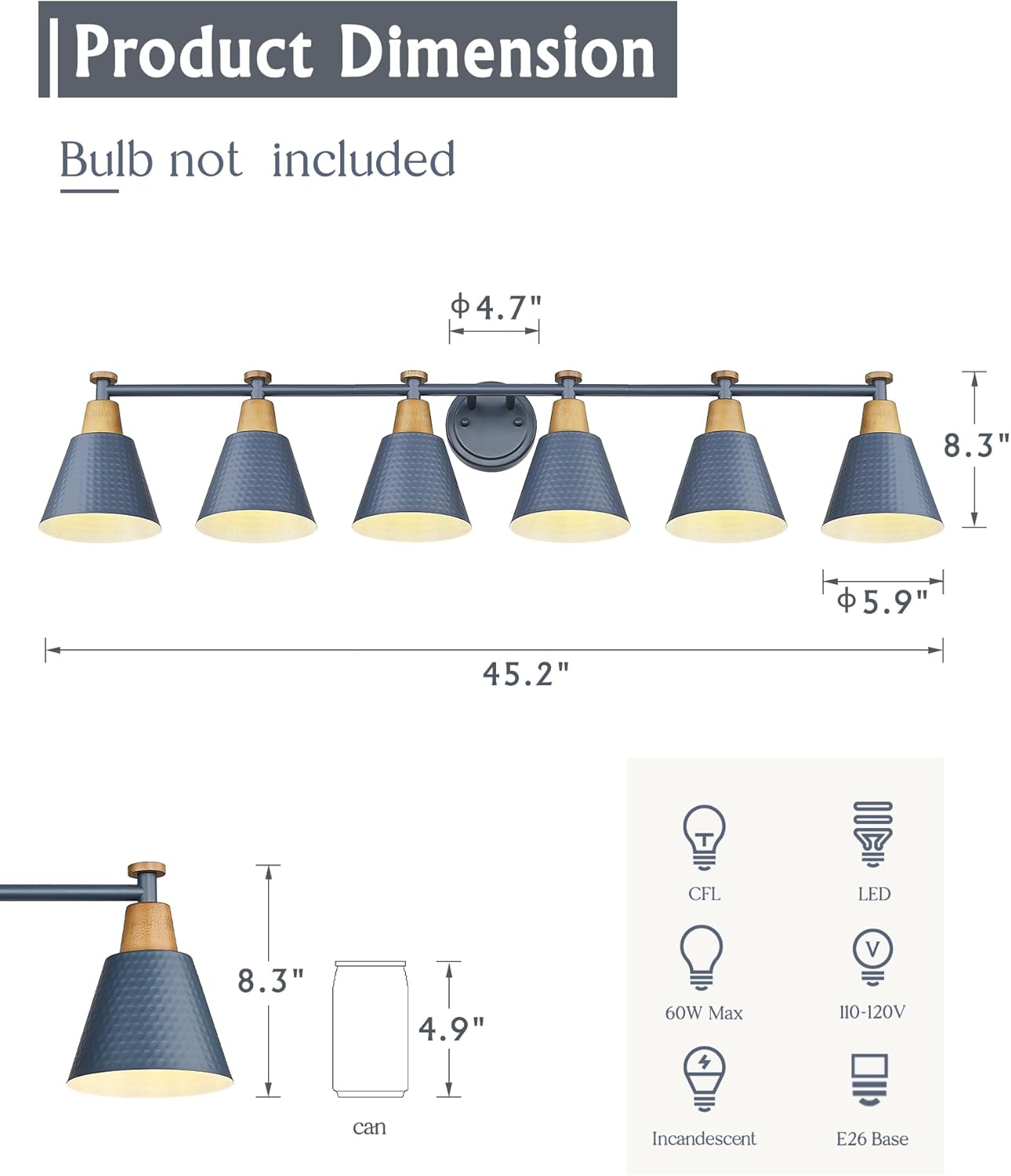 FEMILA Vintage Bathroom Light Fixtures, 45.3" Vanity Lighting Fixtures Over Mirror, 6 Light Vanity Light, Blue Finish, 4FG59B-6W Blue
