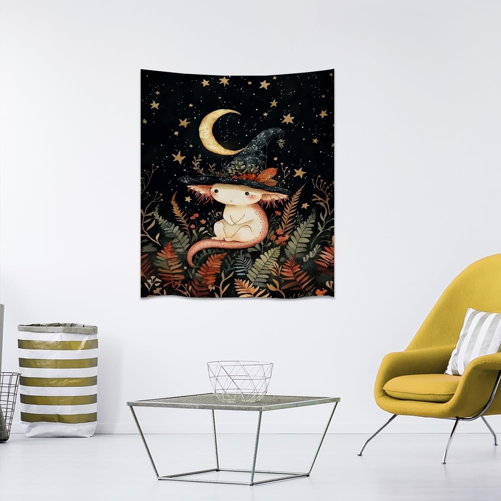 Whimsical Witch Tapestry Wall Hanging Decor Cute Axolotl Tapestry Magical Moon Animal Nursery Decoration Halloween Tapestries wall art for Home Kids Bedroom Living Room 60x80inch