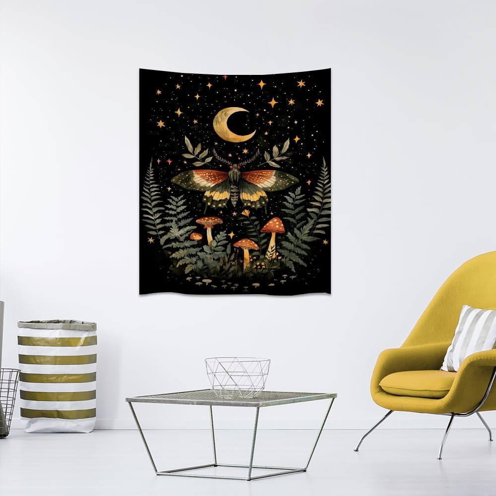 Mystical Moth Mushroom Tapestry Dark Academia Aesthetic Wall Hanging Decor Moon Star Witchy Print Butterfly Enchanted Forest Tapestries for Home Bedroom Living Room Office Decor 60x80inch