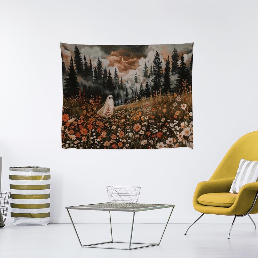 Spooky Fall Forest Art Halloween Tapestry Wall Hanging Cute and Funny Forest Flower Ghost Tapestry for Bedroom Whimsical Dark Academia Aesthetic Tapestries for Home Living Room Decor 70x90inch
