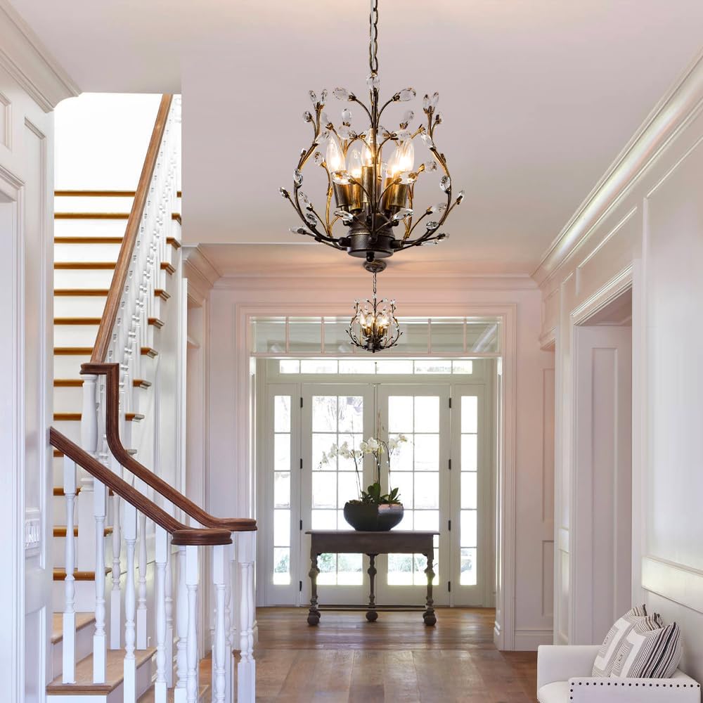 5-Light Vintage Crystal Branch Chandelier Farmhouse Hanging Pendant Light Fixtures for Living Room Dining Room Foyer Kitchen Island Hallway, Aged Bronze