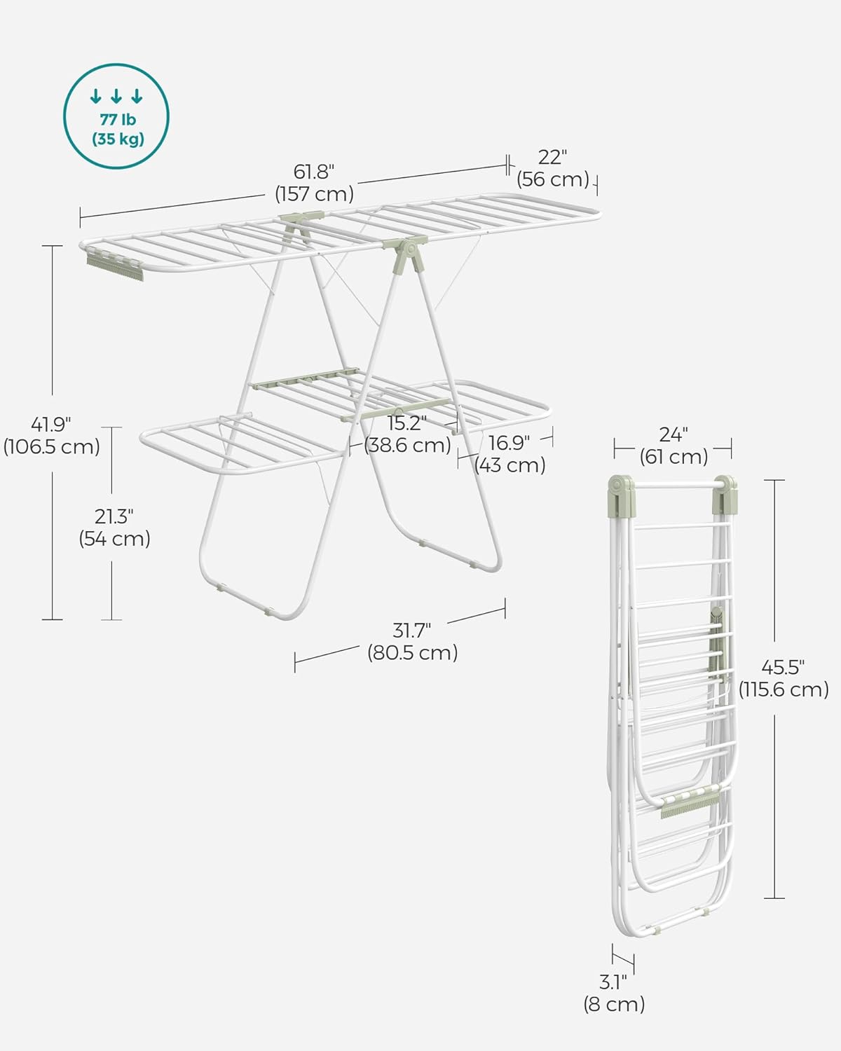 SONGMICS Clothes Drying Rack, Foldable 2-Level Laundry Drying Rack, Free-Standing Laundry Airer, with Height-Adjustable Wings, 33 Drying Rails, Sock Clips, White and Green ULLR053C01V1