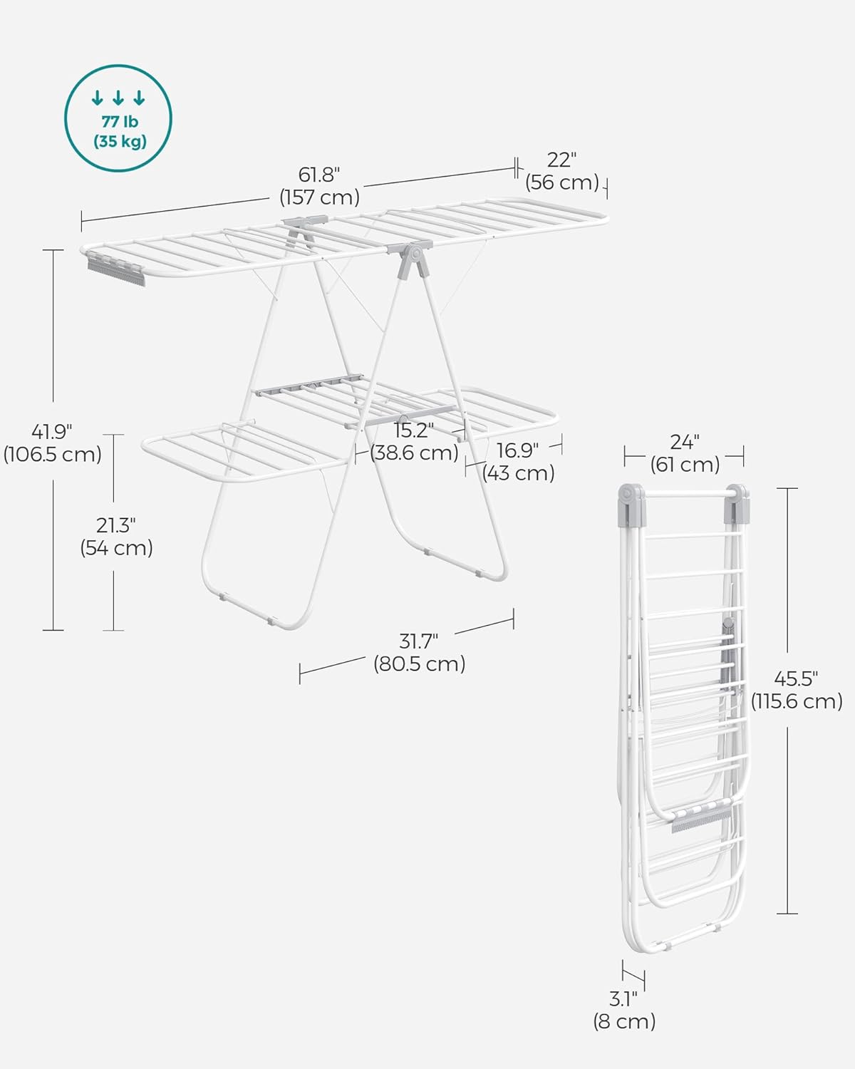 SONGMICS Clothes Drying Rack, Foldable 2-Level Laundry Drying Rack, Free-Standing Laundry Airer, with Height-Adjustable Wings, 33 Drying Rails, Sock Clips, White and Gray ULLR053G01V1
