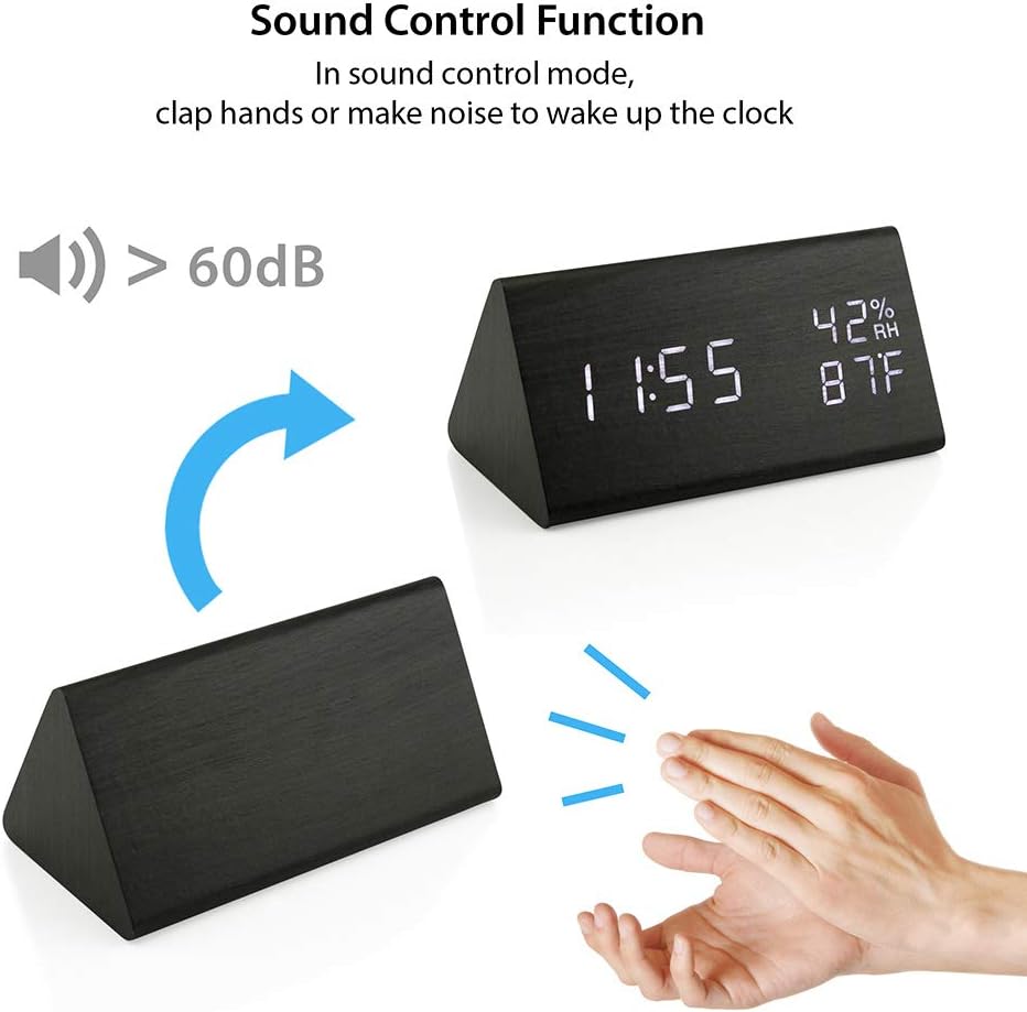 OCT17 Wooden Alarm Clock, Smart LED Digital Clock for Bedroom/desks, Upgraded with Time Temperature, Adjustable Brightness and Voice Control, Humidity Displaying - Black