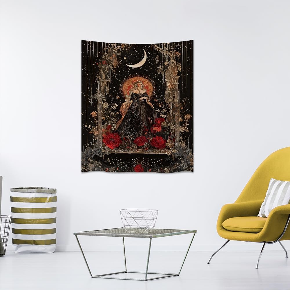 Dark Academia Moon Goddess Tapestry Gothic Fantasy Rose Wall Art Mystical Witchy Woman Print Victorian Artwork Aesthetic Tapestries Wall Hanging for Girls Room Bedroom Decor 60x80inch