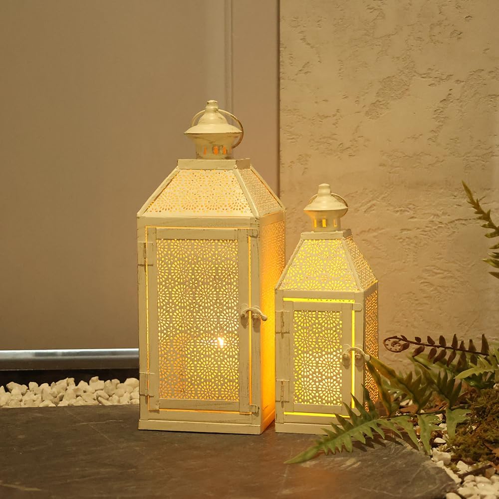 NEEDOMO 2Pack Outdoor Lantern, 16" Large White Candle Lanterns Decorative Indoor, Metal Frame with Glass, Vintage Farmhouse Lantern Decor for Front Porch, Garden, Patio, Pathway, Balcony,Yard