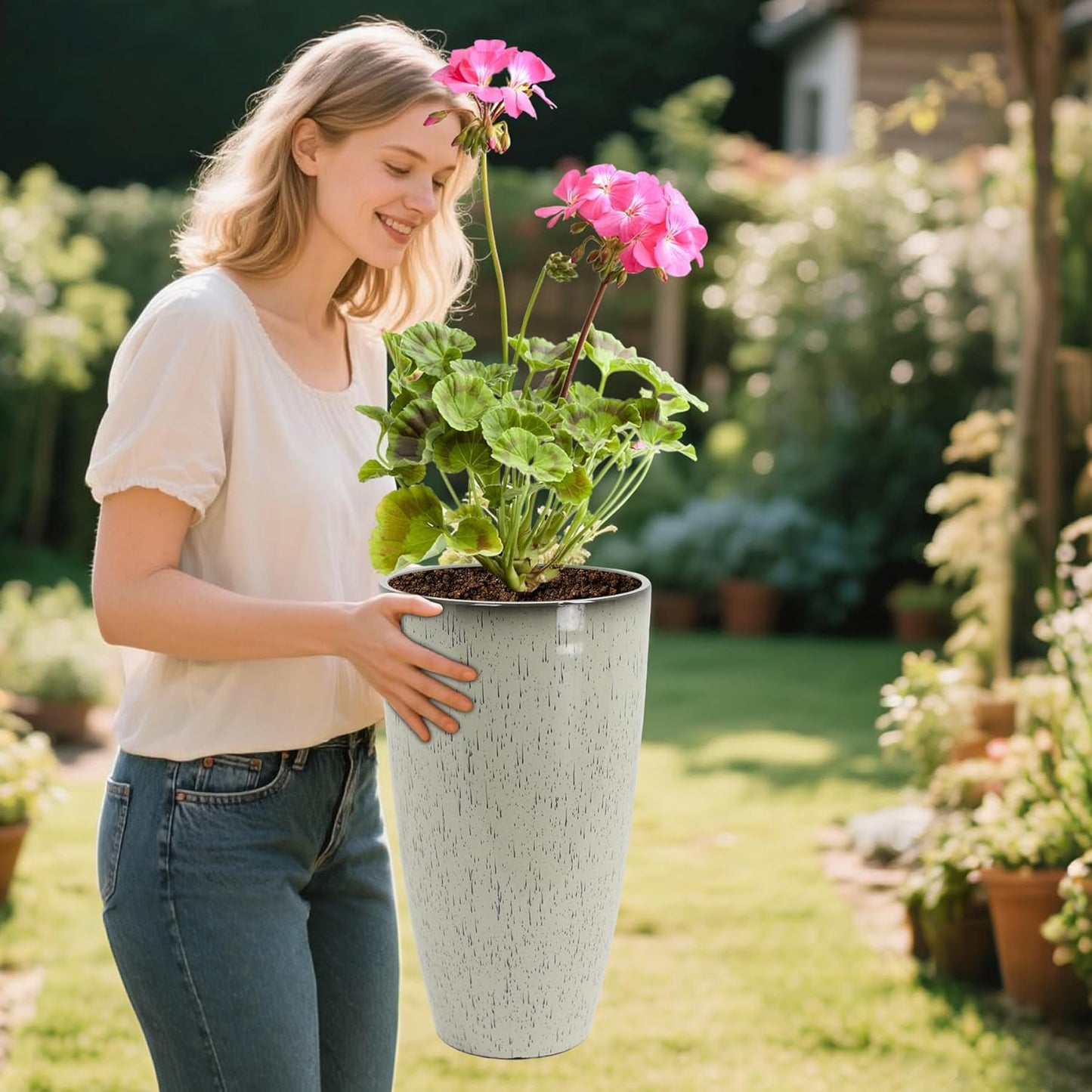24/21/12 Inch Large Plastic Planter, Lightweight Ceramic-Look Large Flower Pots with Drain Hole & Saucers, Plastic Outdoor Planters for Garden, Patio, Balcony(Glaze White)