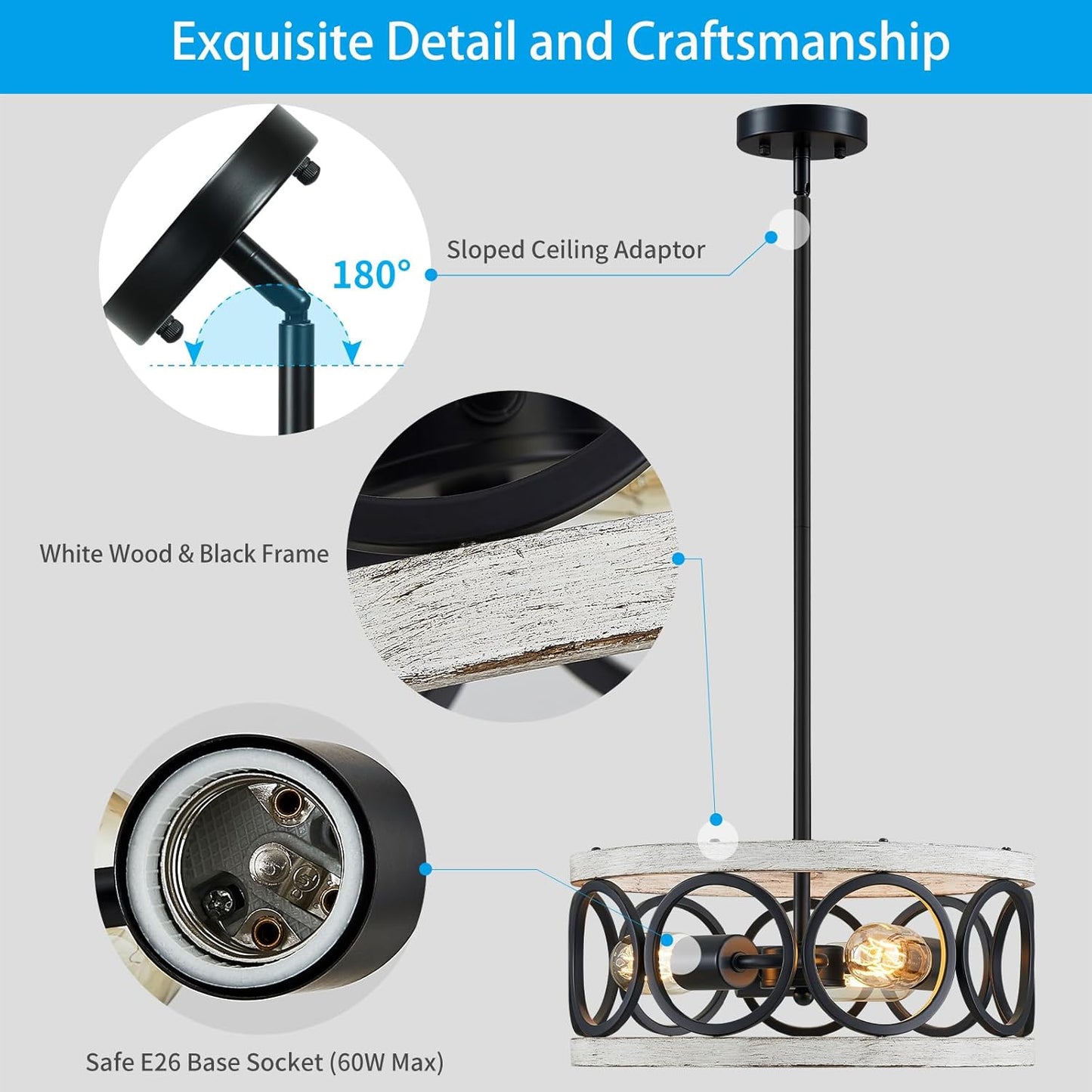 XINGQI White Chandelier 3-Light Modern Ceiling Light Rustic Wood Grain Adjustable Height Pendant Lighting Fixture 13" Round Metal Lamp for Dining Room Kitchen Bedroom Foyer Hallway