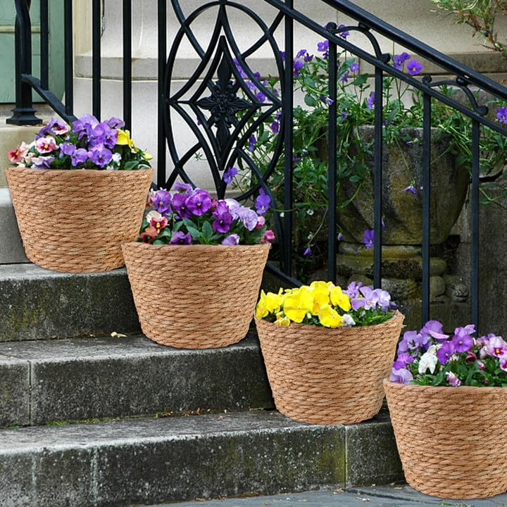 4 Pcs Large Premium Seagrass Planter Basket with Plastic Lining Natural Stylish Planter Baskets Indoor Outdoor Plants Woven Wicker Baskets for Plants Flower Pots Cover and Room Decor(10.2x7.5x7.5")