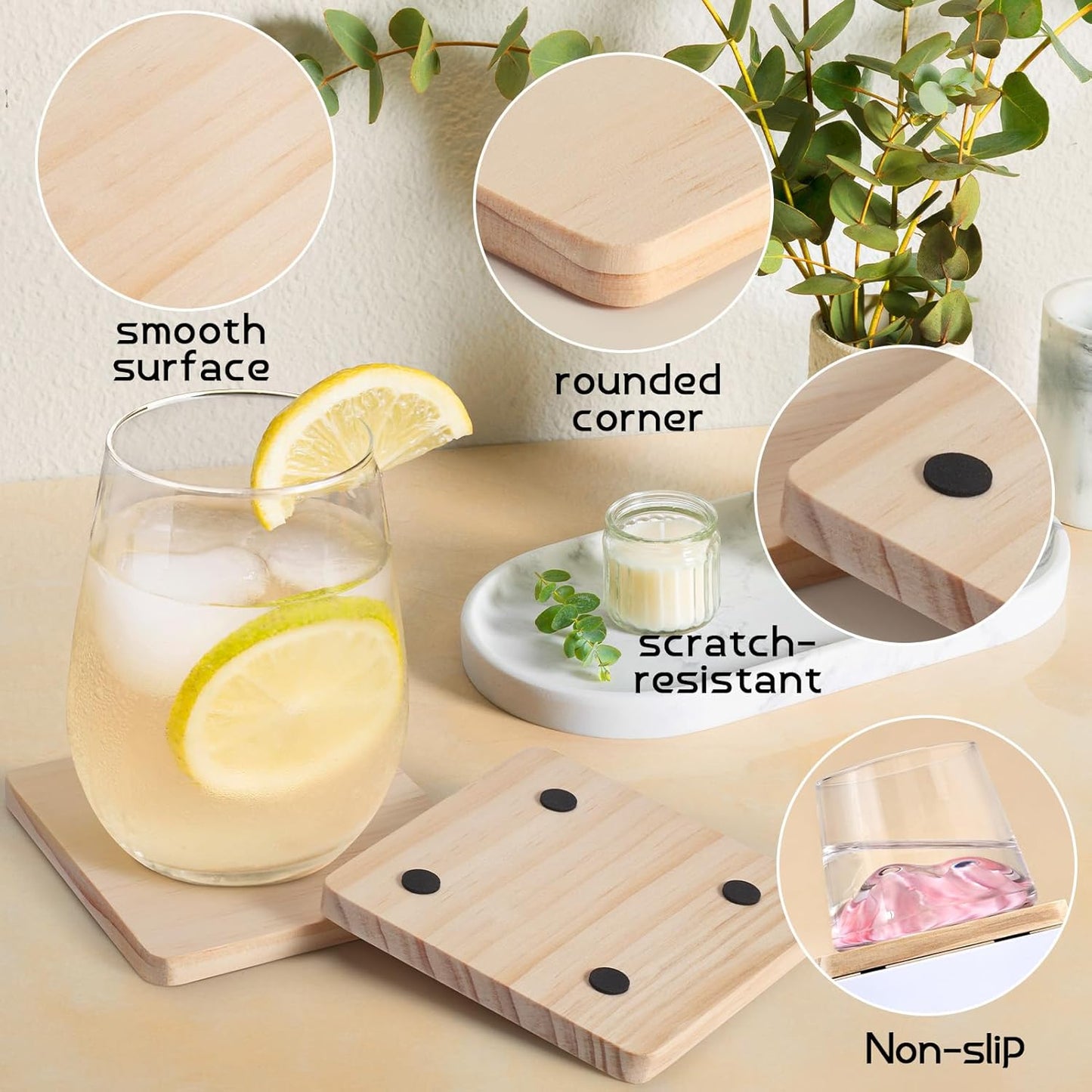 36 Pieces Unfinished Wood Coasters, GOH DODD 4 Inch Wooden Blanks with Non-Slip Pads for Laser Engraving Wood Burning Staining Painting Decoupage Housewarming Gifts Wedding Crafts Education, Square