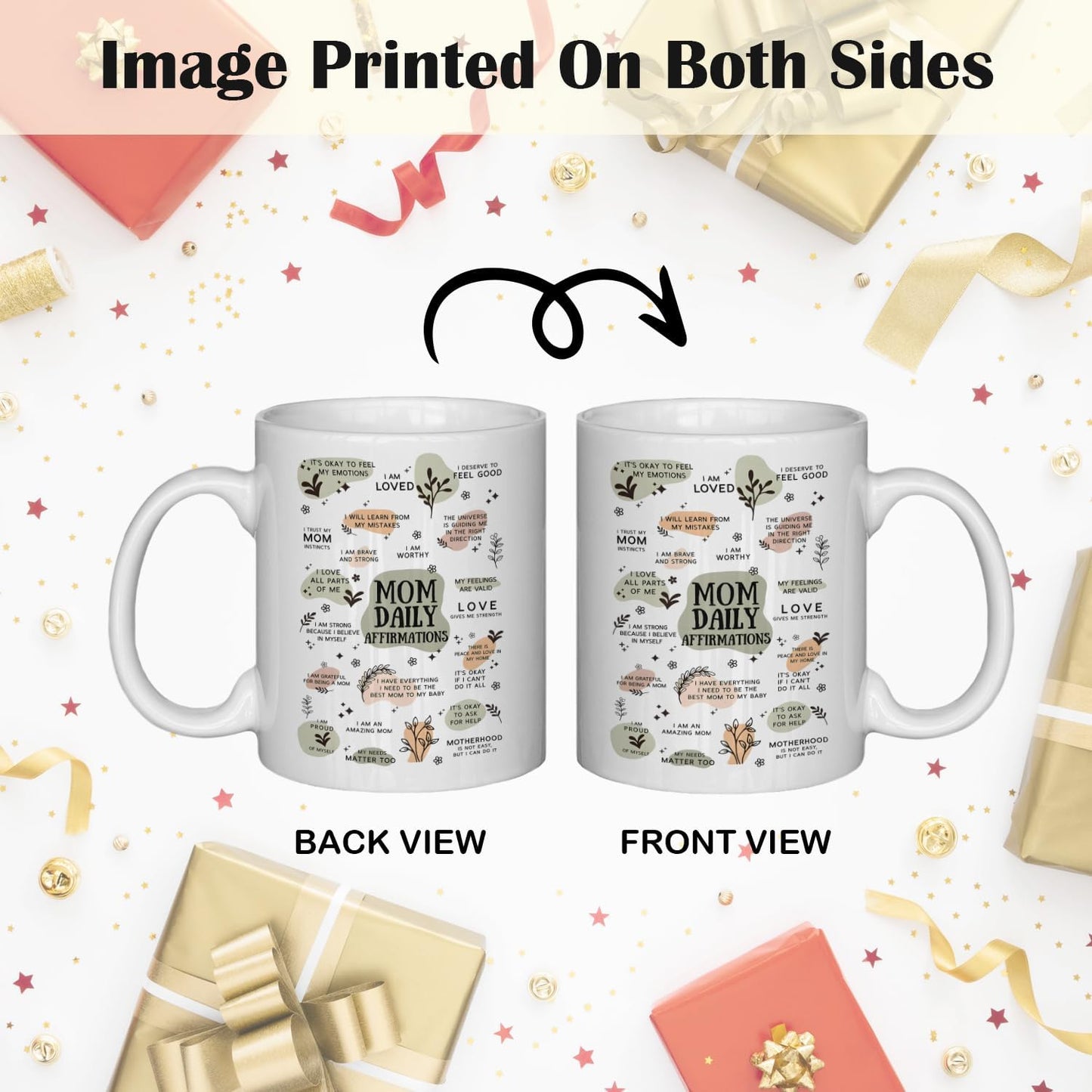 JINYO Boho Floral Mom Coffee Cup, Mother's Day Mugs Cups, Mother Birthday Gifts from Daughter Son, Mom Daily Affirmation Ceramic Coffee Tea Mug 11 oz