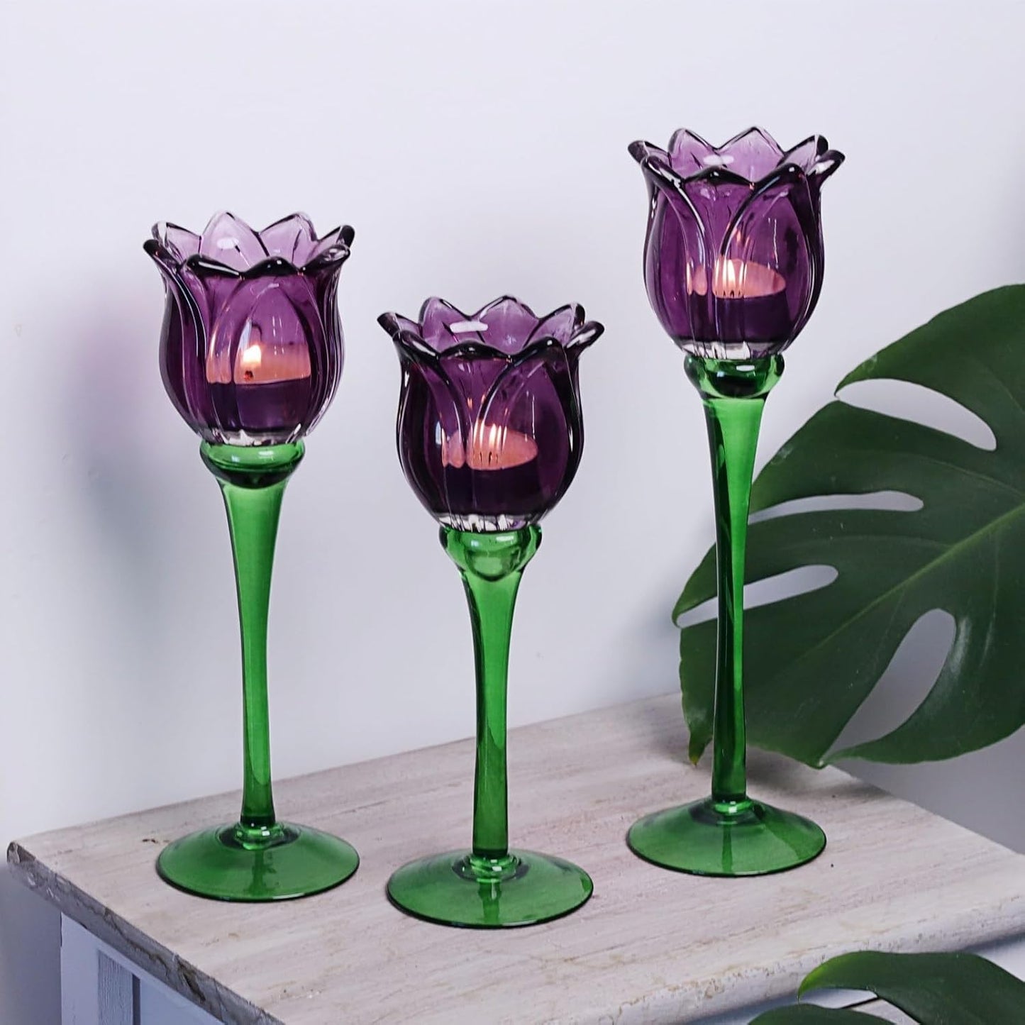 VOHO 6pcs Purple Tulips Candle Holders Gifts for Halloween, Thanksgiving, Easter, Elegant Purple Tealight Candle Holder for Modern Room Decor, Glass Tulip-Like Tea Lights Holder Wedding Holiday Table