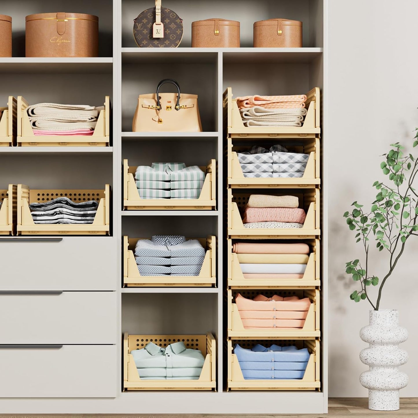 5 Pack Stackable Closet Storage Basket - Stackable Storage Bins, Multifunctional & Foldable Closet Organizer, Wardrobe Cupboard Space-Saving Hat Storage Drawer Organizer, Yellow