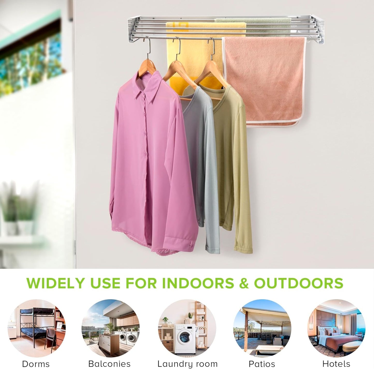 Wall Mounted Laundry Drying Rack, Retractable Clothes Drying Rack for Bathroom with Wall Template, 5 Stainless Rods Heaving 60 lb Capacity (White, 31.5")