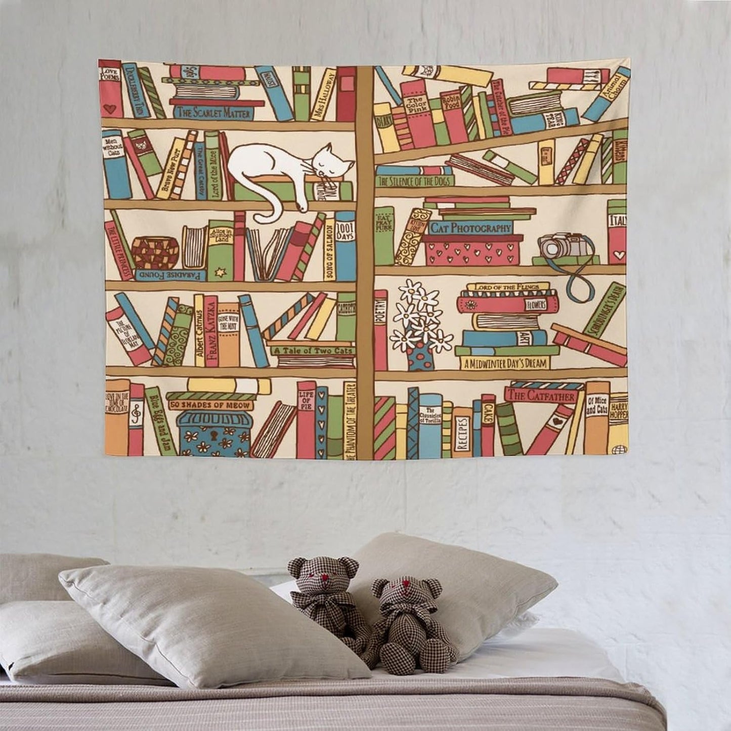 Kurtect Bookshelf Tapestry,Cute Cartoon Cat Sleeping Library Theme Pattern Print Tapestries for Party Beach Picnic Blankets Tablecloths Living Room Wall Deocr, 30x40 in