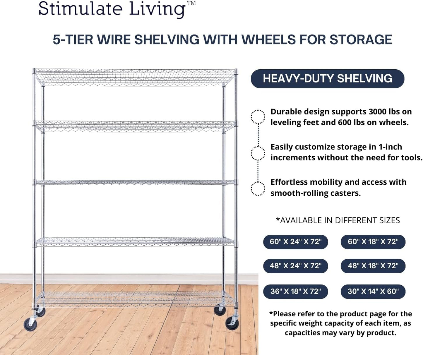 60"x24"x72" PRIME HEAVY DUTY Chrome 5-Tier Wire Shelving NSF 3000 LBS MAX Capacity Storage Rack for Commercial, School, Home, Garage, Warehouse, Industrial, and Hospital Uses (with Wheels)