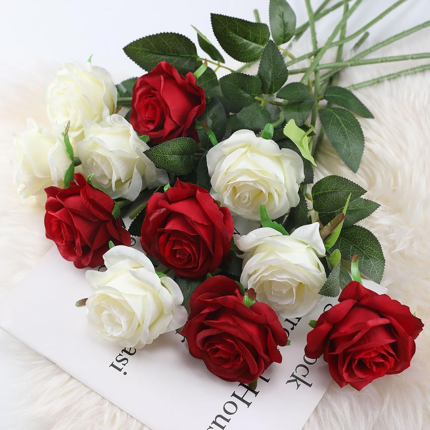 White Fake Roses Artificial Flowers - 16 Pcs Fake Artificial Roses Silk Flowers with Stems for Home Wedding Hotel Office Centerpiece Decor