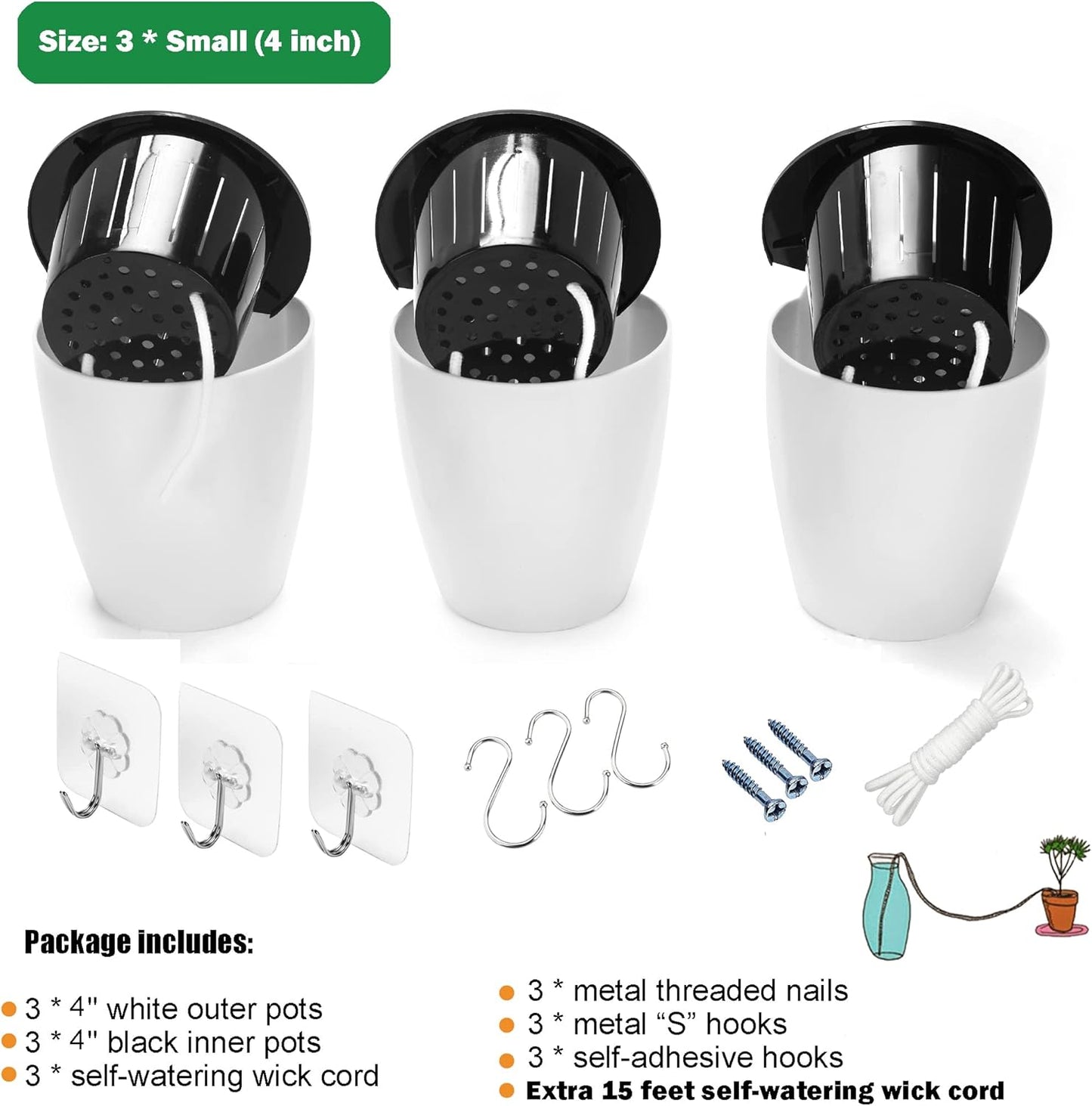 3 Pack Self Watering Wall Hanging Planter Pots Vertical Garden Window Hang Mount Indoor Outdoor Plant Flower Basket for Kitchen Herbs Balcony Railing Shelf Fence Bedroom Trellis Decor Modern White Box