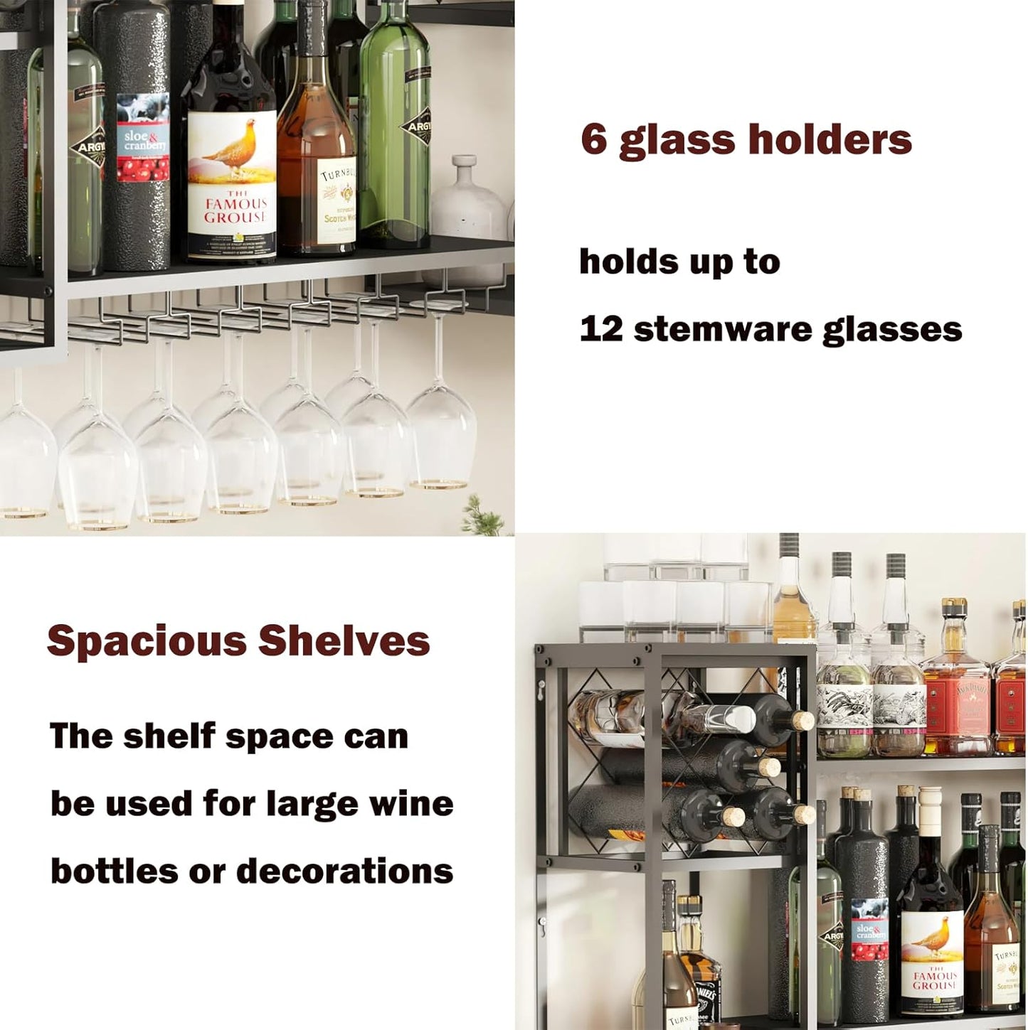 Wall Mounted Wine Rack with Glass Holder,Metal Floating Bar Liquor Shelves 2 Tier,Wine Glass Rack Multi Functional Wine Storage Display Rack for Home Bar Dining Room Kitchen