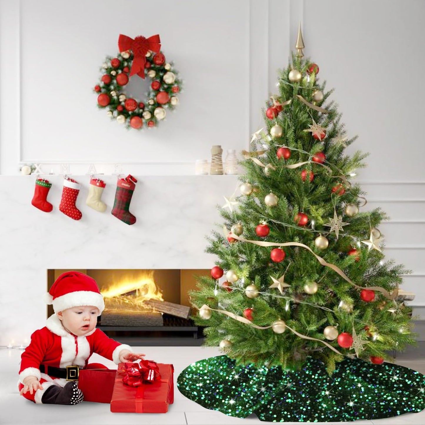 MODFUNS Green Christmas Tree Skirt Black Sparkly Tree Skirt 36 Inch Sequin Velvet Tree Skirts for Artificial Trees Glitter Xmas Tree Skirts Vintage Xmas Tree Collar for Christmas Home Supplies