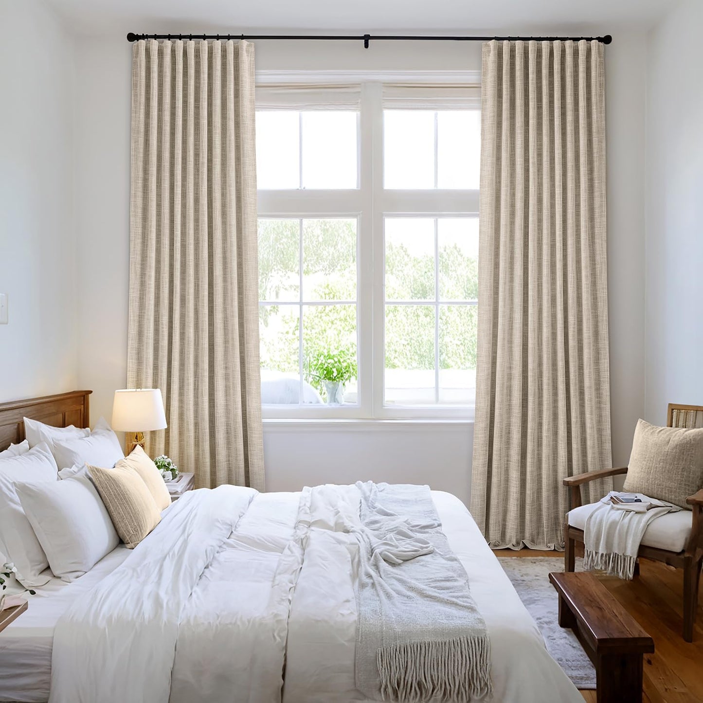 MIULEE Beige 100% Blackout Linen Curtains 90 Inch 2 Panels Set Double Sided No Coating Pleated Back Tab Black Out Long Thermal Insulated Pinch Pleat Bedroom Living Room Darkening Window Drapes