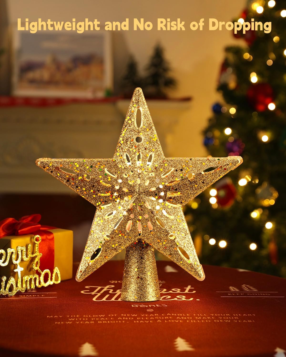 Christmas Star Tree Topper with Built-in Led Snowflake Projector Lights Hollowed Pentagram Tree Topper,Plug in Christmas Tree Ornament for Indoor Office Xmas New Year Holiday Tree Decoration