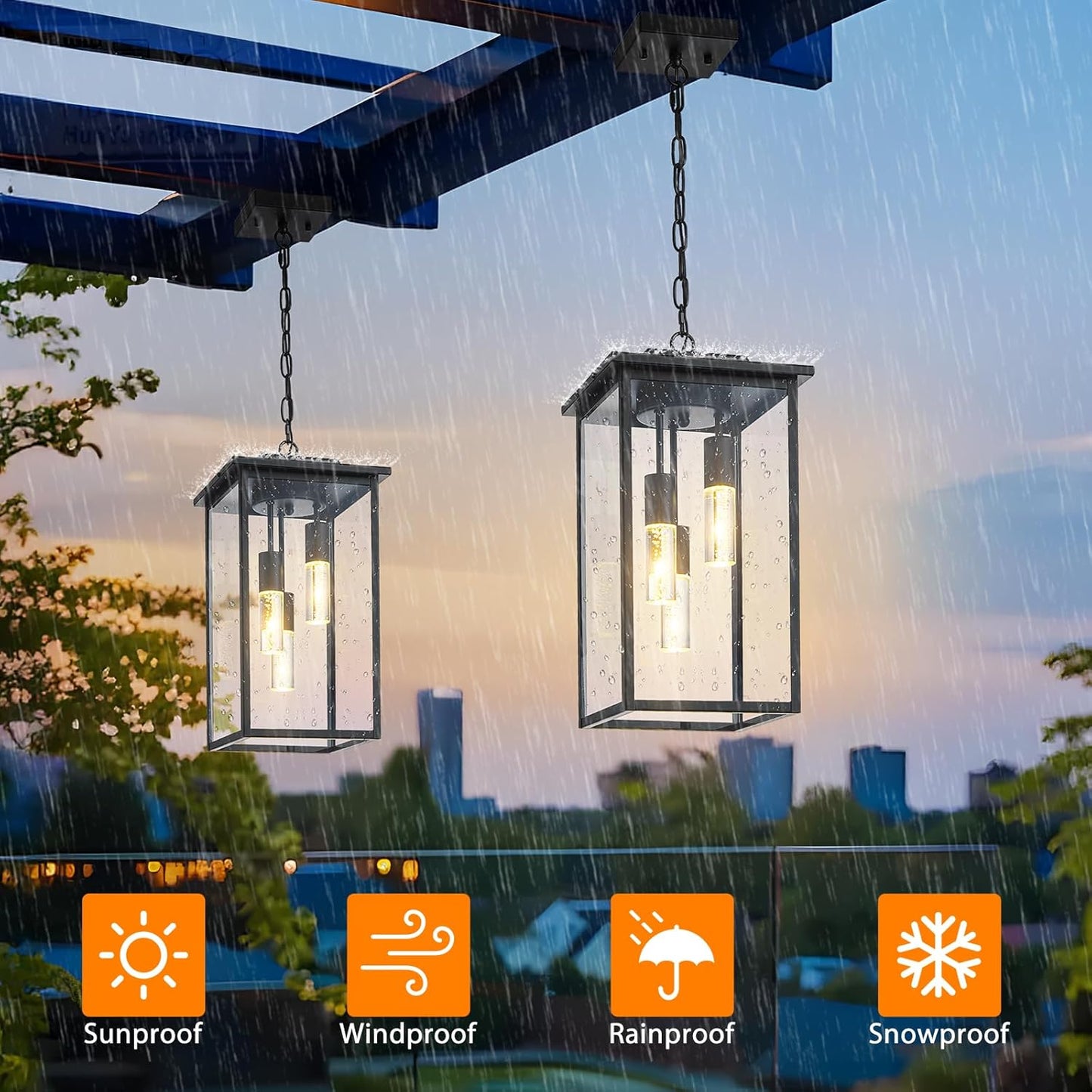 3-Color LED Outdoor Pendant Light with Remote, 3-Light 19" Large Outdoor Chandelier for Porch, Black Exterior Pendant Lighting Fixture Ceiling Mount Pendant Lantern for Patio Front Door