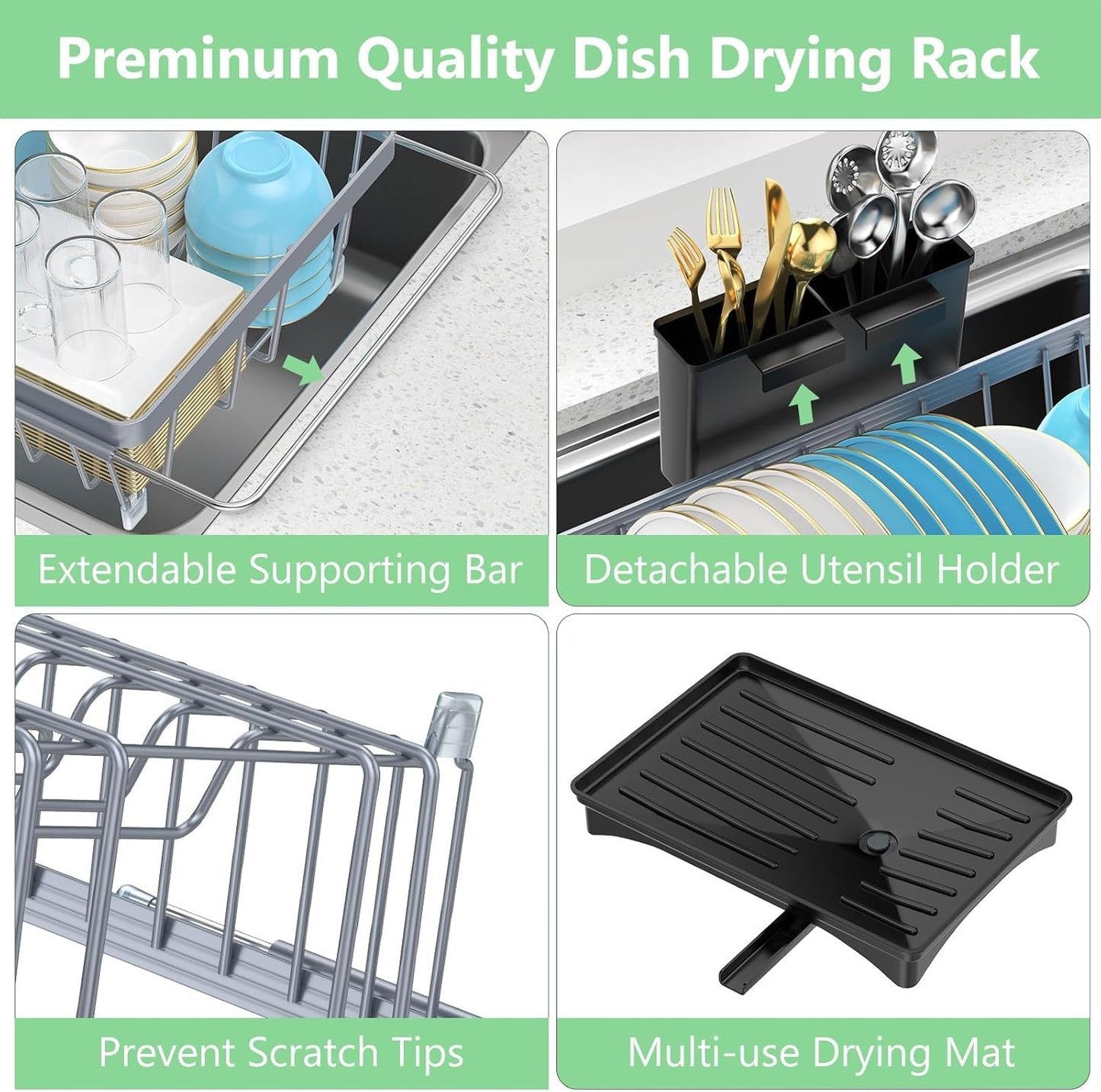 LEMIKKLE Expandable Dish Drying Rack- Space-Saving Dish Rack, Dish Drainers for Kitchen Counter with a Cutlery Holder, Over The Sink Dish Racks Fit for 14’’-19’’ Kitchen Sink Grey