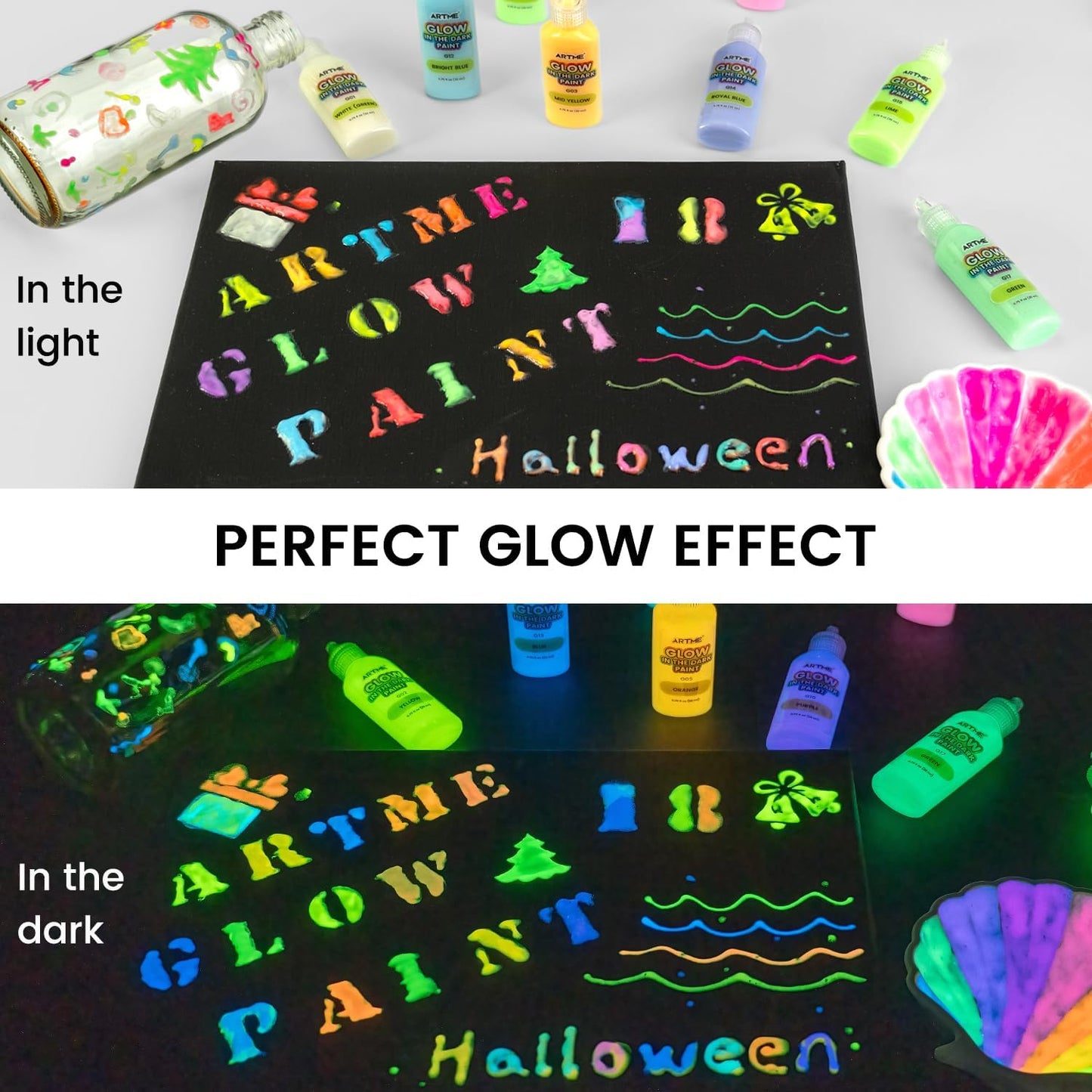 ARTME Glow in The Dark Paint, 18 Bright Colors 22ml/0.75oz Blacklight Paint Set, Neon Craft Paints, Glow Fluorescent Acrylic Paints Perfect for DIY projects, Halloween and Christmas Decorations
