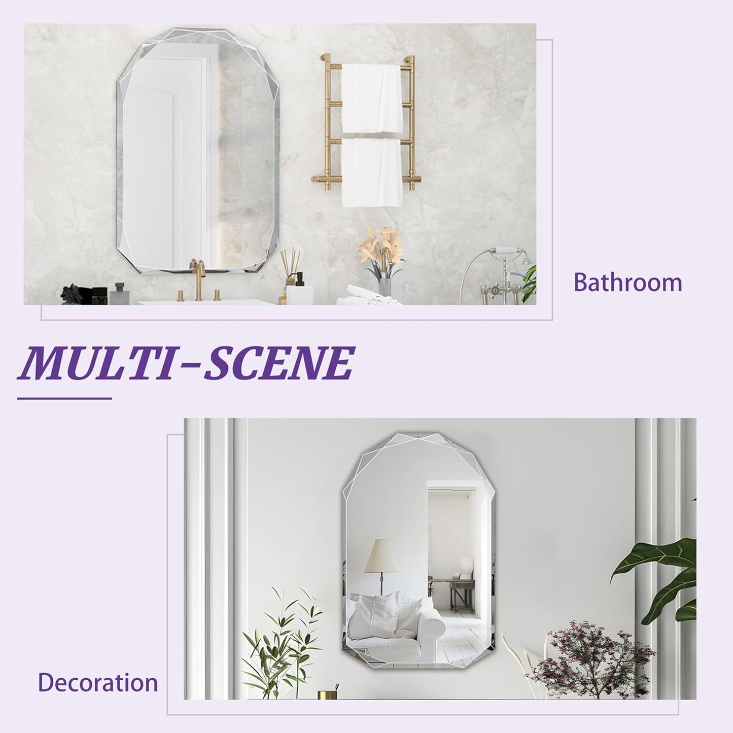 Bathroom Mirror for Wall, 30" x 48" Arched Mirror, Bathroom Vanity Mirror, Beveled Edge Frameless Wall Mount Vanity Mirrors, Wall Mirrors Decorative, Irregular Beveled Edge Mirror