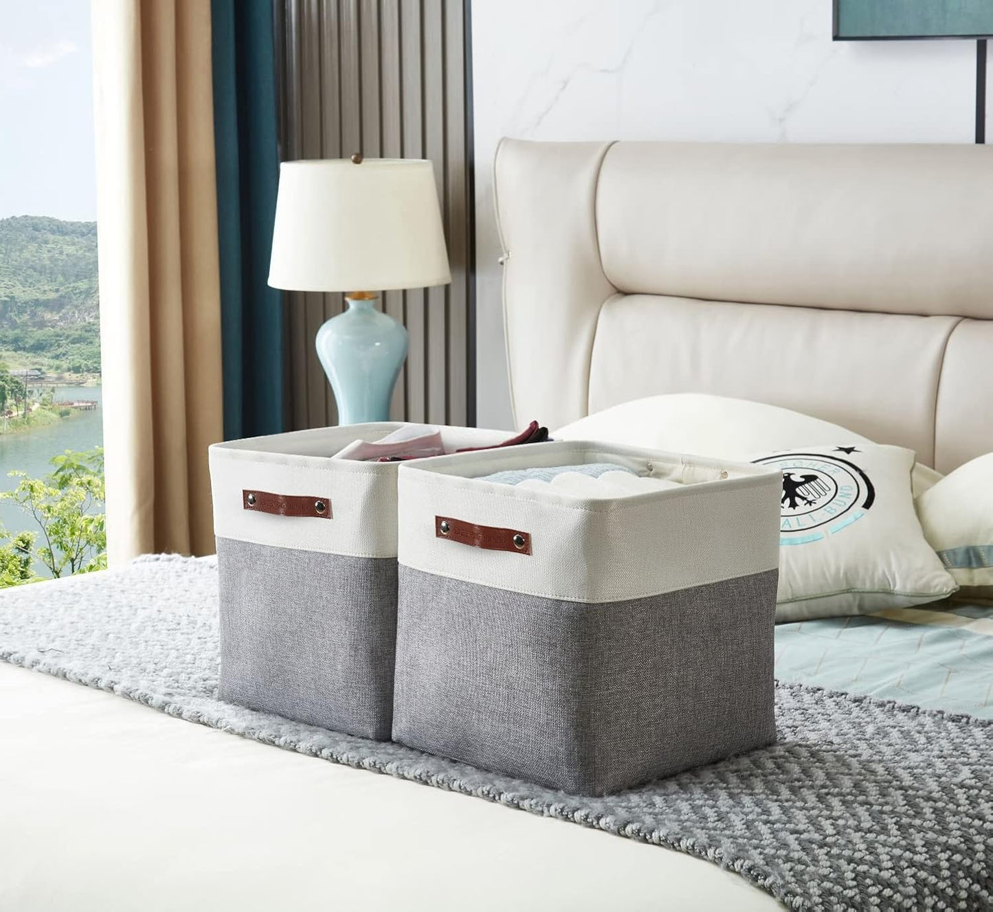 DECOMOMO Storage Cubes, 12x12 Storage Bins, Baskets for Shelves (Grey & White, Cube 12" - 4 Pack)