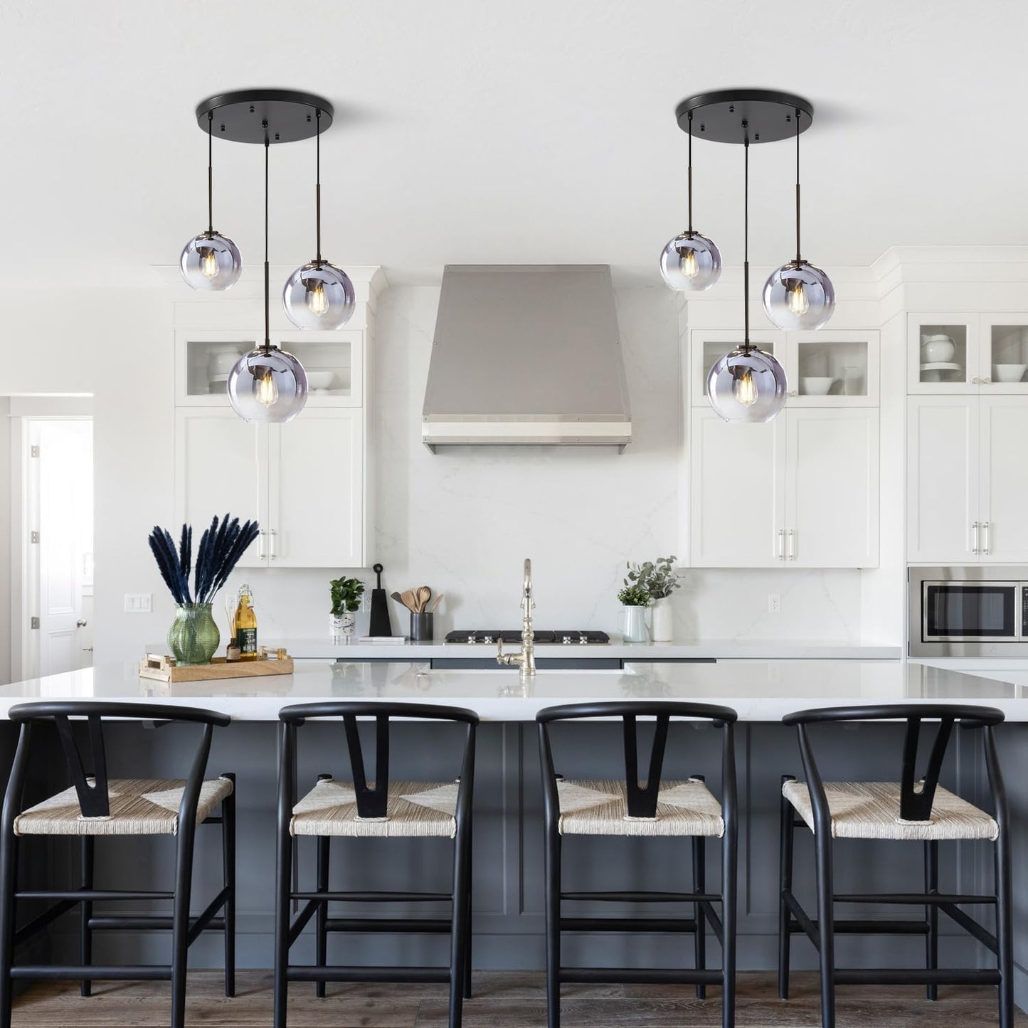 KCO Lighting Modern 3-Light Hanging Light Fixture Silver Gradient Glass Globe Pendant Ceiling Lighting with Adjustable Cord Mid Century Hanging Chandelier Light Fixture for Kitchen Island Bedroom…