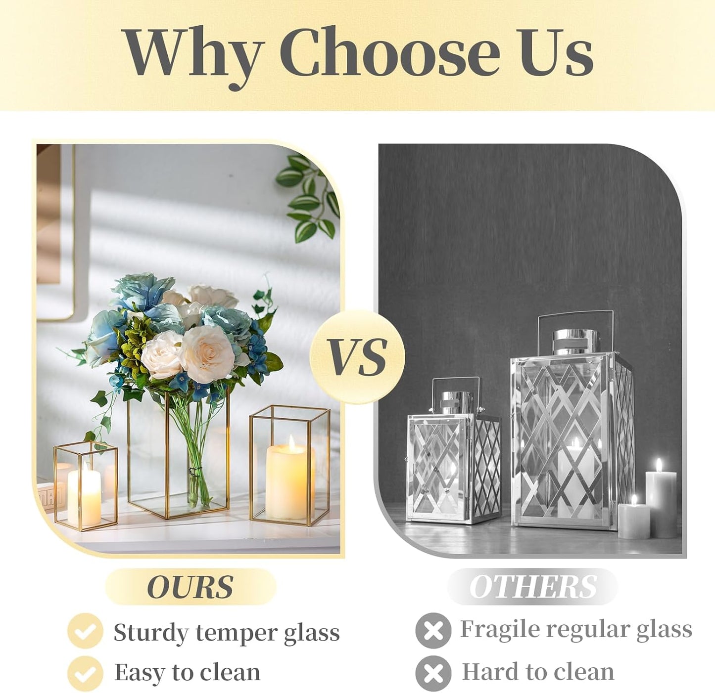Glass Hurricane Candle Holder Large - Hewory 3pcs Gold Rectangle Flower Holders Centerpiece for Table, Tall Floor Square Pillar Candle Lantern for Wedding, Anniversary, Party, Fireplace, Dining Room