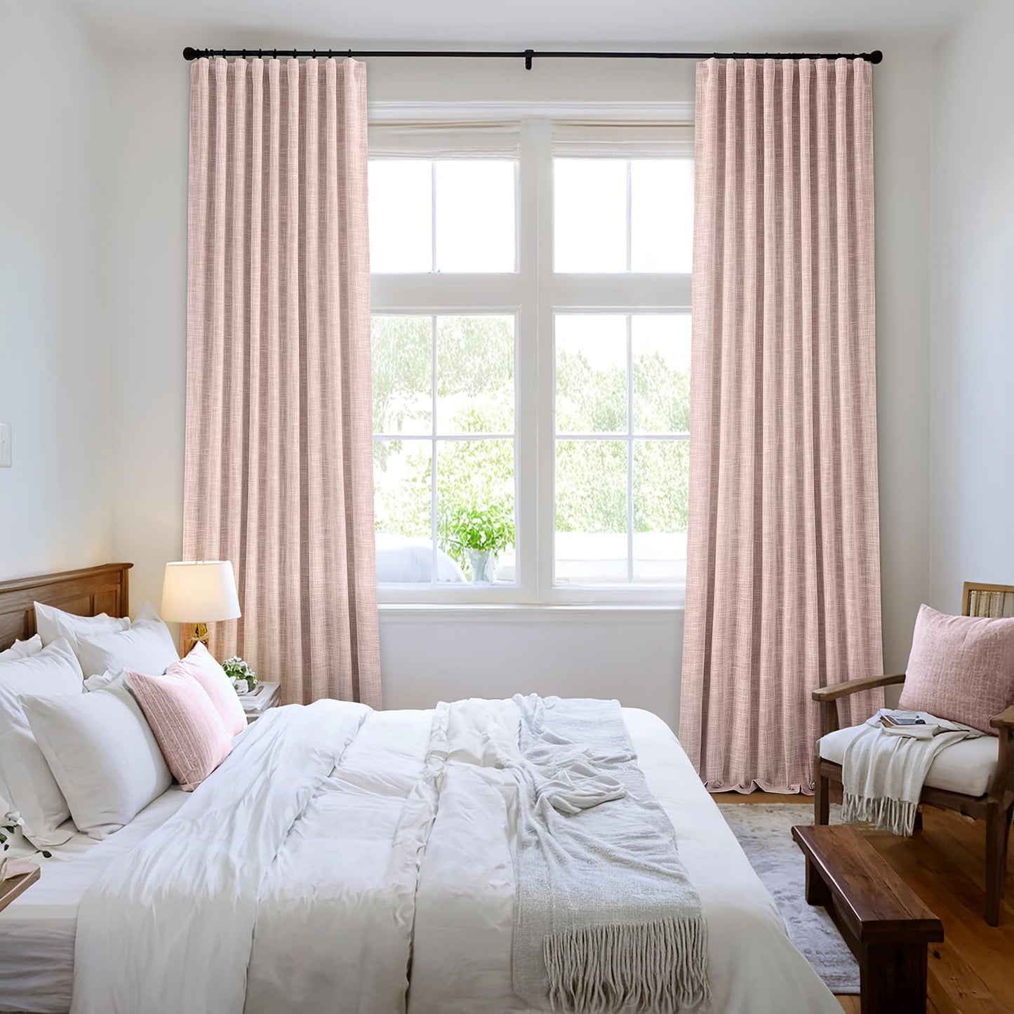 MIULEE Baby Pink 100% Blackout Linen Curtains 90 Inch 2 Panels Set Double Sided No Coating Pleated Back Tab Black Out Long Thermal Insulated Pinch Pleat Bedroom Living Room Darkening Window Drapes