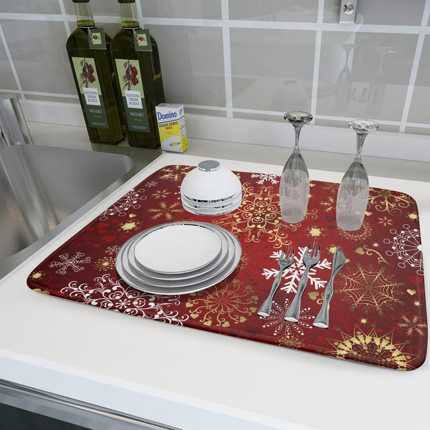Red Snowflake Dish Drying Mat for Kitchen Counter Holiday Super Absorbent Reversible Microfiber Kitchen Countertop Protector Dishes Pad Large 18x24 inch