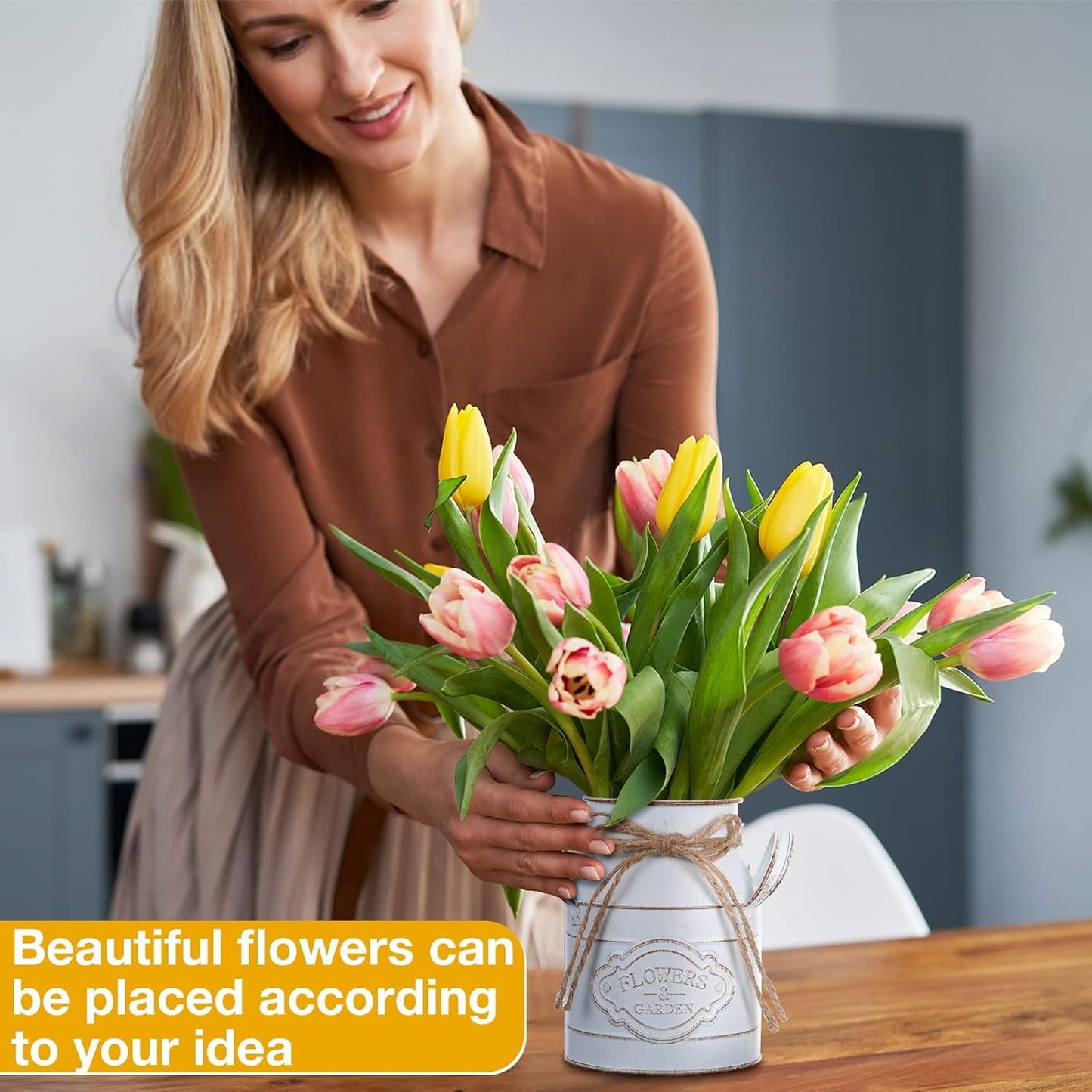 6 Inch Farmhouse Vase Decor Milk Can Vintage Flower Jug Galvanized Metal Vase with Handle Rustic Flower Buckets for Thanksgiving Christmas Table Centerpiece Weddings Gifts(Retro White,8 Pcs)