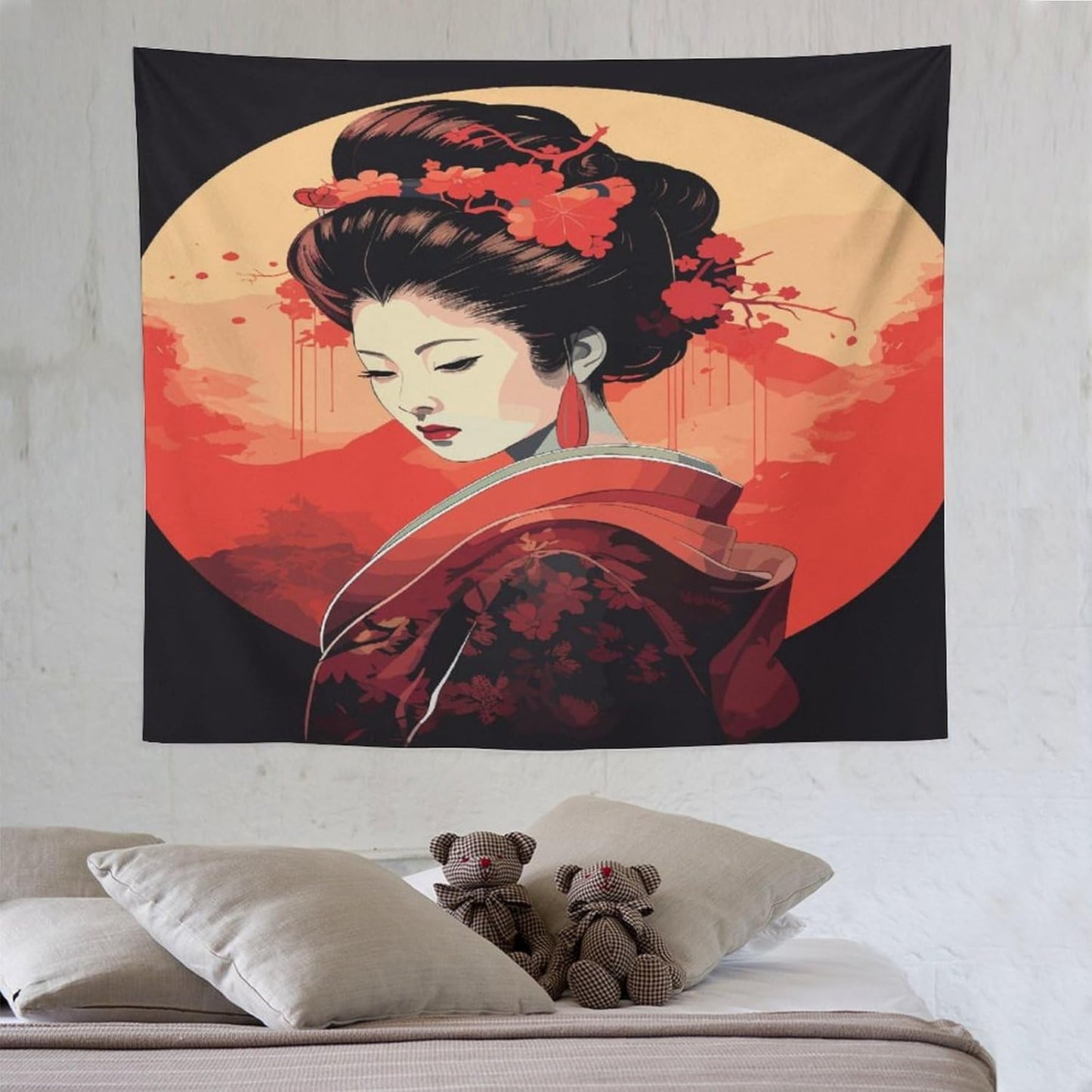Japanese Woman Geisha Tapestry Asian Cherry Blossom Red Sun Traditional Kimono Folk Tapestries Home Decor for Living Room Bedroom Apartment Farmhouse Dorm 60"x50"