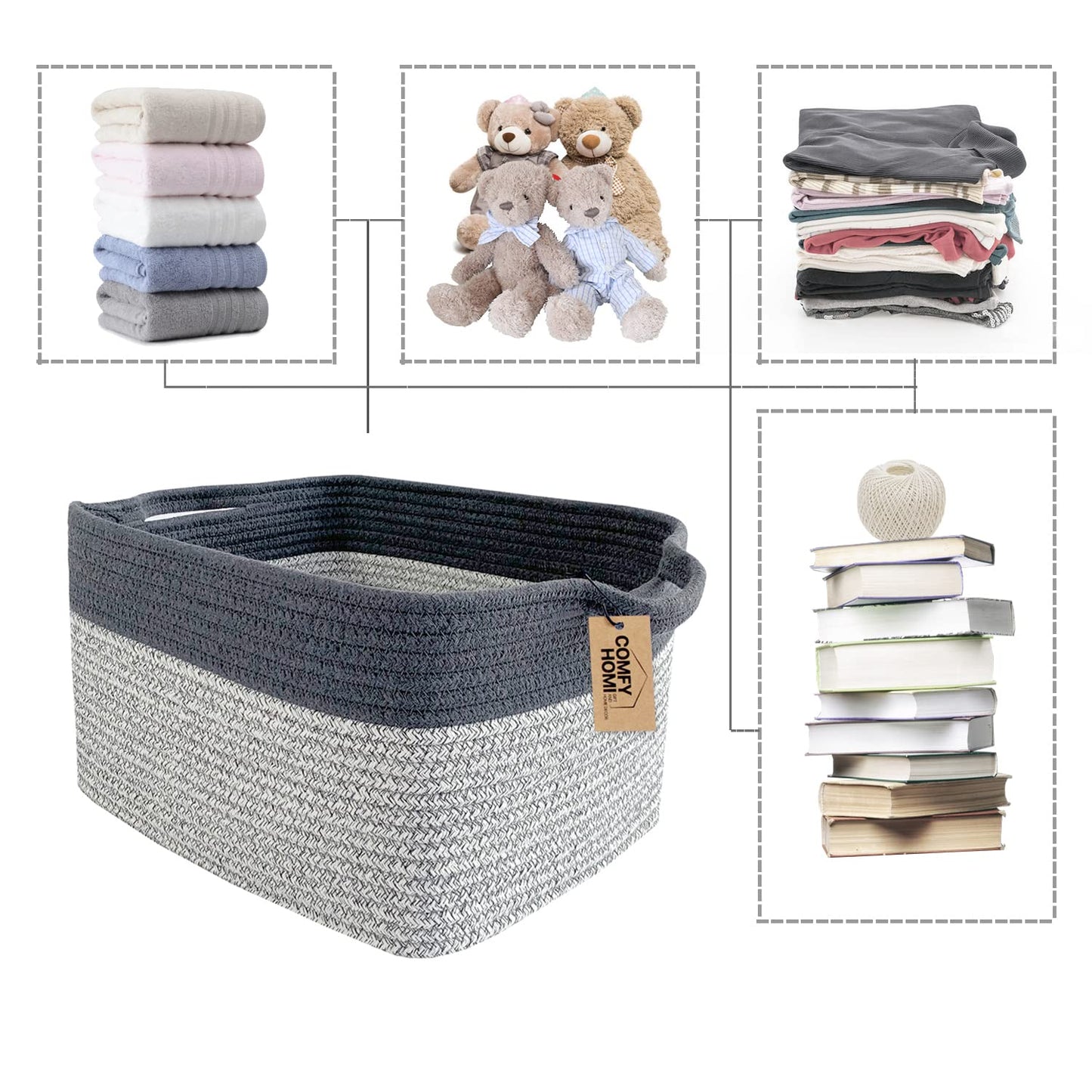 COMFY-HOMI Cotton Rope Woven Basket with Handles for Shelves,Toys,Book, Cloth Storage Baskets Bin for Organizing-13.5"x11"x9.5" Toy Decorative Organizer for Living Room, Bathroom-Light Grey