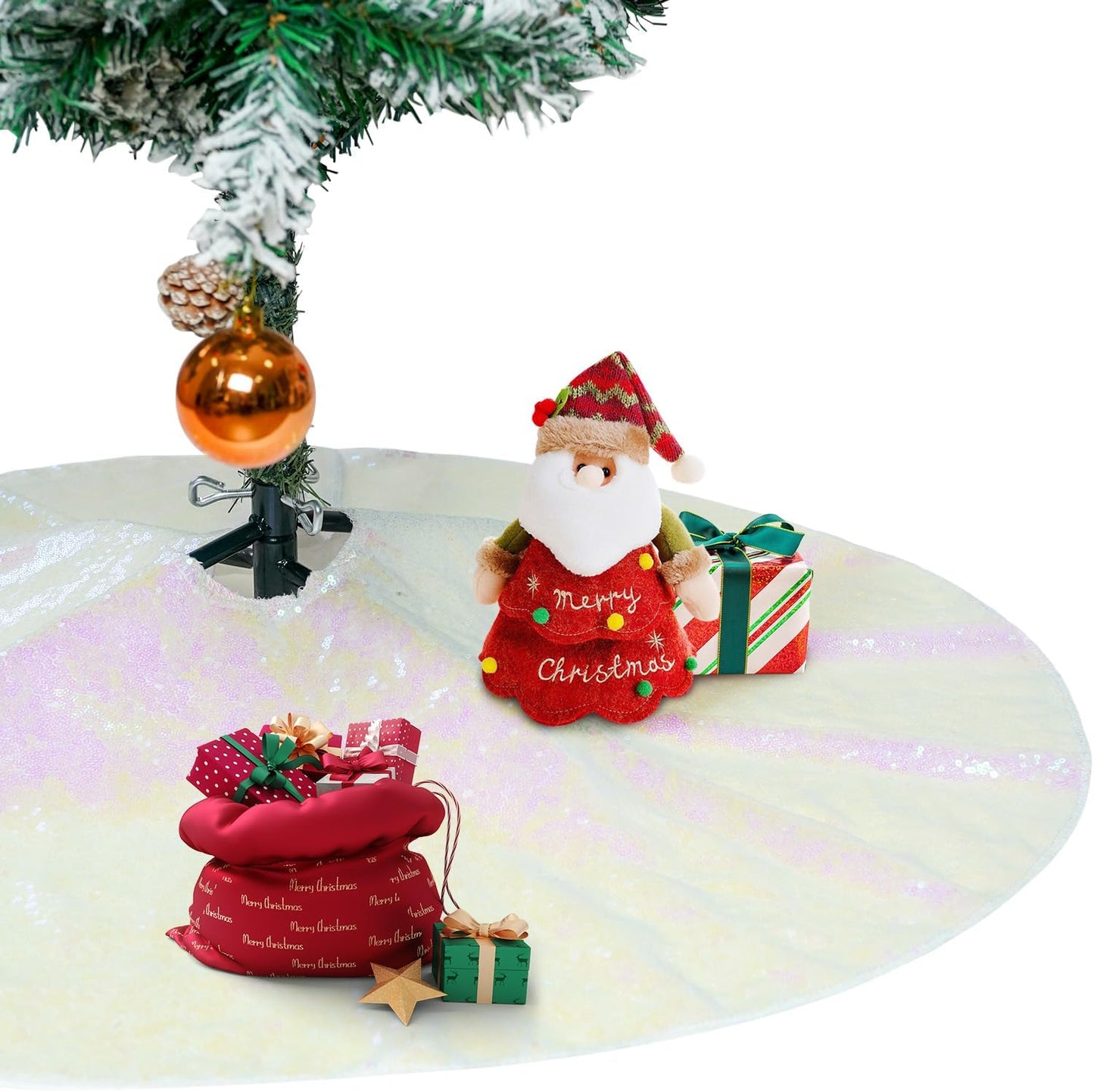 Eternal Beauty Christmas Tree Skirt, 24 Inch White Iridescent Sequin Tree Skirt Small Xmas Tree Skirt for Christmas Tree Decorations