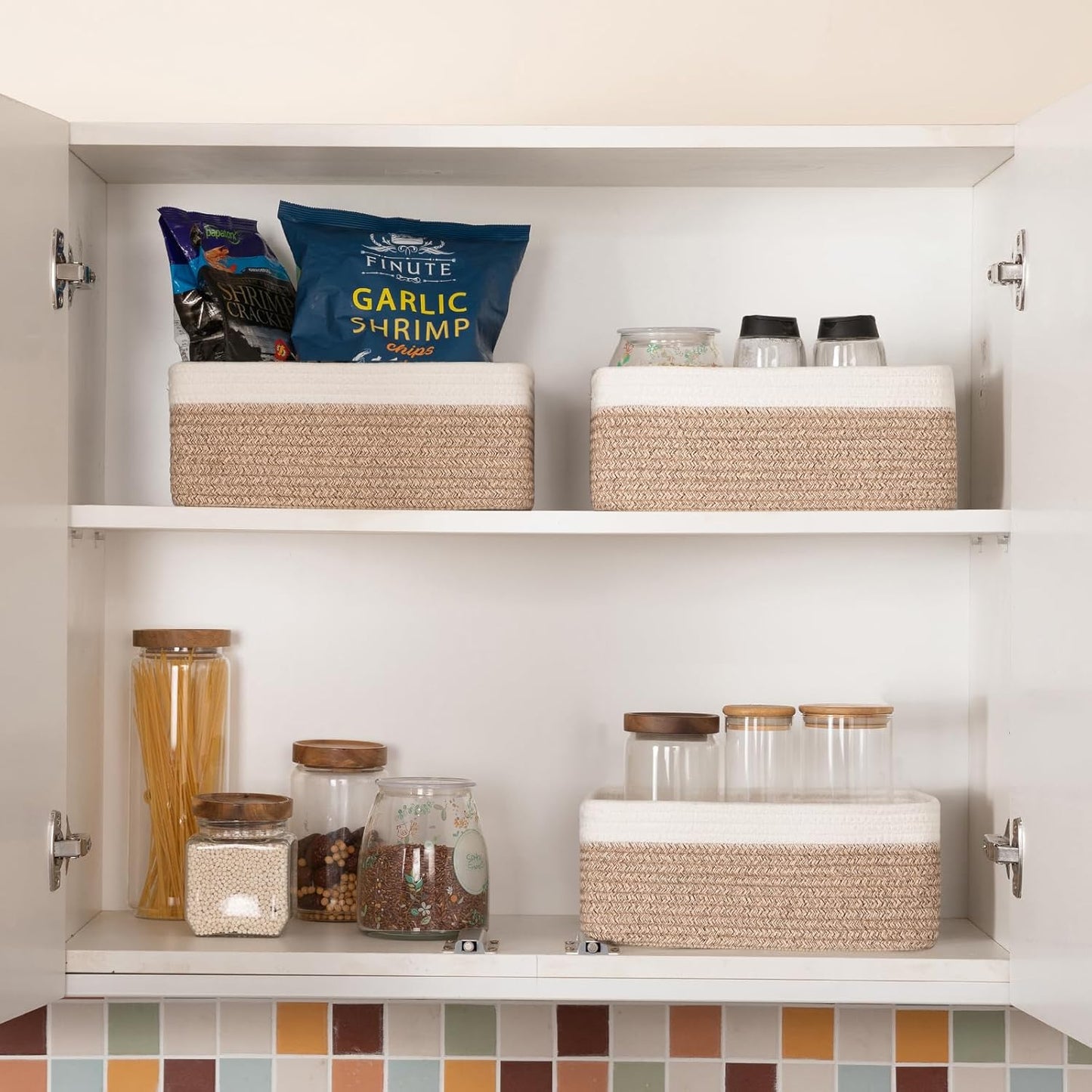 3 Pack Small Storage Baskets for Organizing, Cute Woven Decorative Gift Baskets for Shelves, Mini Closet Organizer Bins with Handles-13''Lx8.66''Wx5.11''H-Brown and White