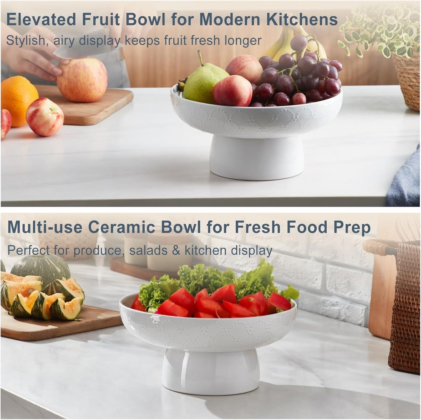 ONEMORE Ceramic Fruit Bowl, 10" Large White Removable Pedestal Bowl for Kitchen Counter, Modern Footed Fruit Bowl with Draining Holes, Decorative Fruit Bowls for Vegetables, Snacks, Candies