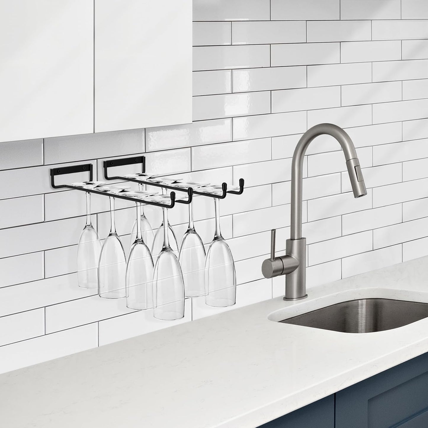 Sorbus Wine Glass Holder - 12 Inch Wall Mounted Wine Glass Rack for Under Cabinet Organization and Storage - Kitchen Shelves for Home Bar Holds Up to 4 Stemware Wine Glasses Each, 8 Total (2 Pack)