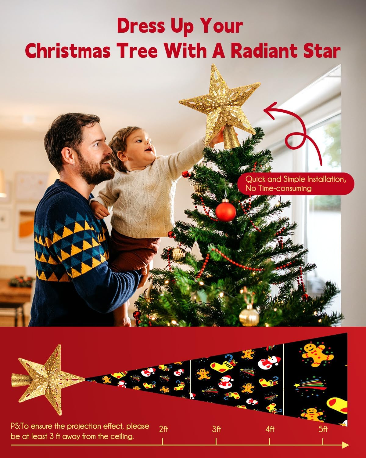 Brightown Christmas Tree Topper Lighted with 6 Projection Modes,9.8”Christmas Star Tree Topper with Built-in LED Rotating Lights,Tree Top with Golden Spangles Plated Plug in for Christmas Decorations