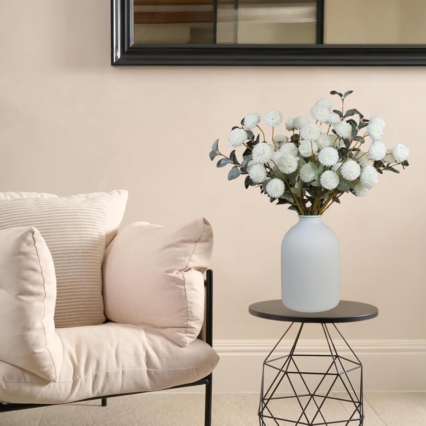 White Faux Flowers for Vase - Kiku 10 Stems & Eucalyptus, Fake Flowers Stems for Pottery Vase, Realistic Artificial Flowers, Pom Pom Balls for Aesthetic Room Decor, Floral Arrangements Centerpiece