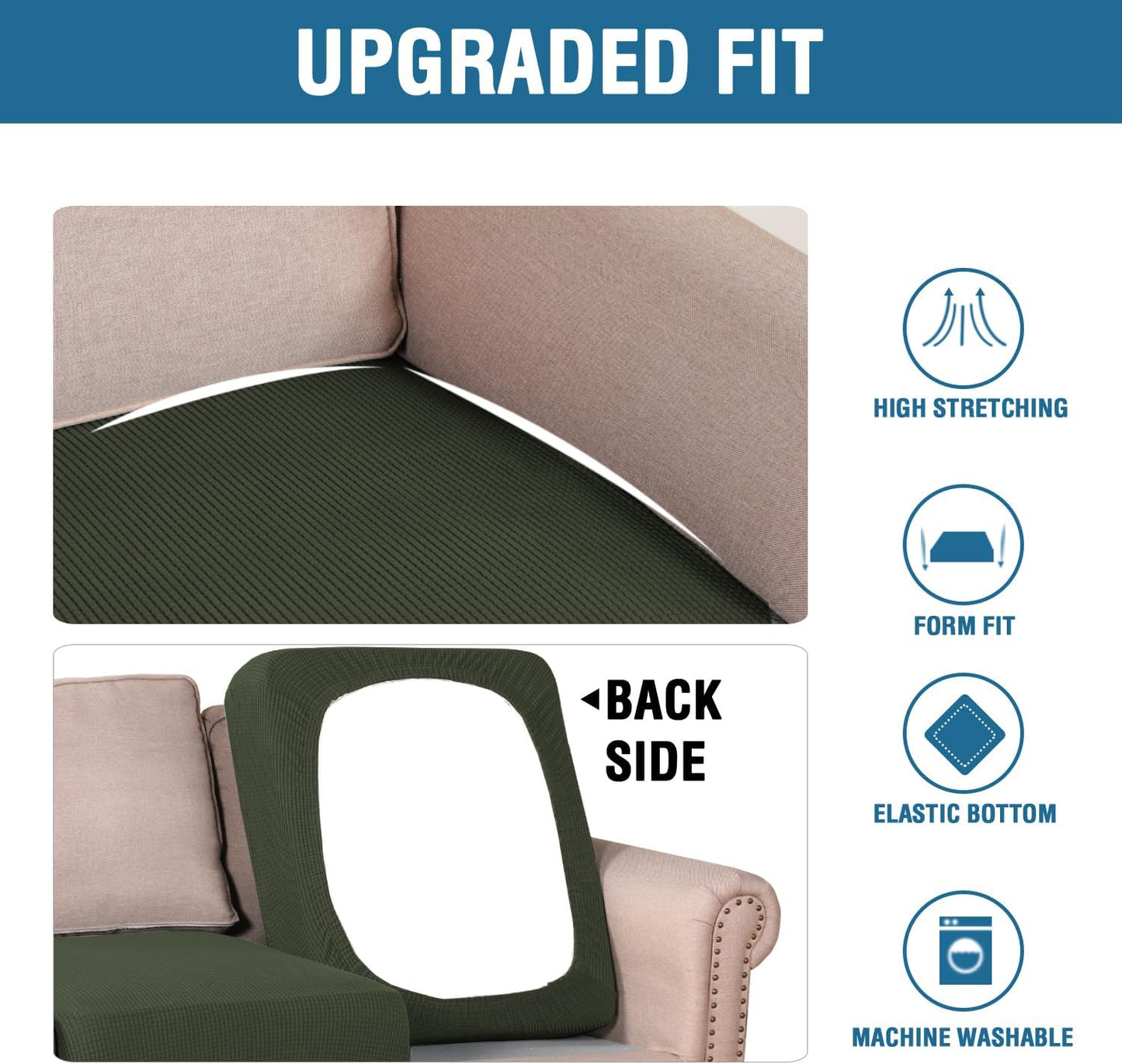 H.VERSAILTEX Super Stretch Individual Seat Cushion Covers Sofa Covers Couch Covers Slipcover Sets Thick Jacquard Textured Twill Fabric (2 Piece Large Sofa Cushion Covers, Olive)